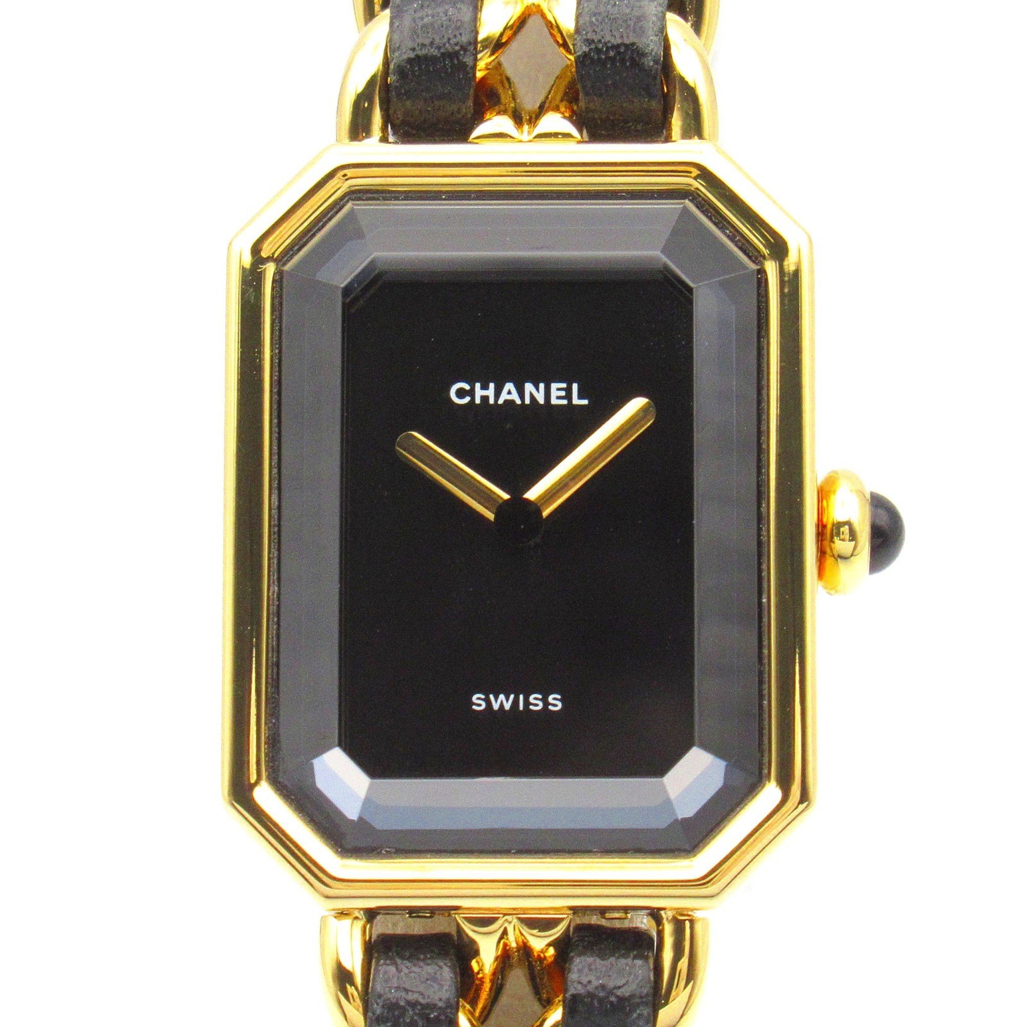 CHANEL Premiere M Watch GP (Gold Plated) Leather Strap Women's Black H0001