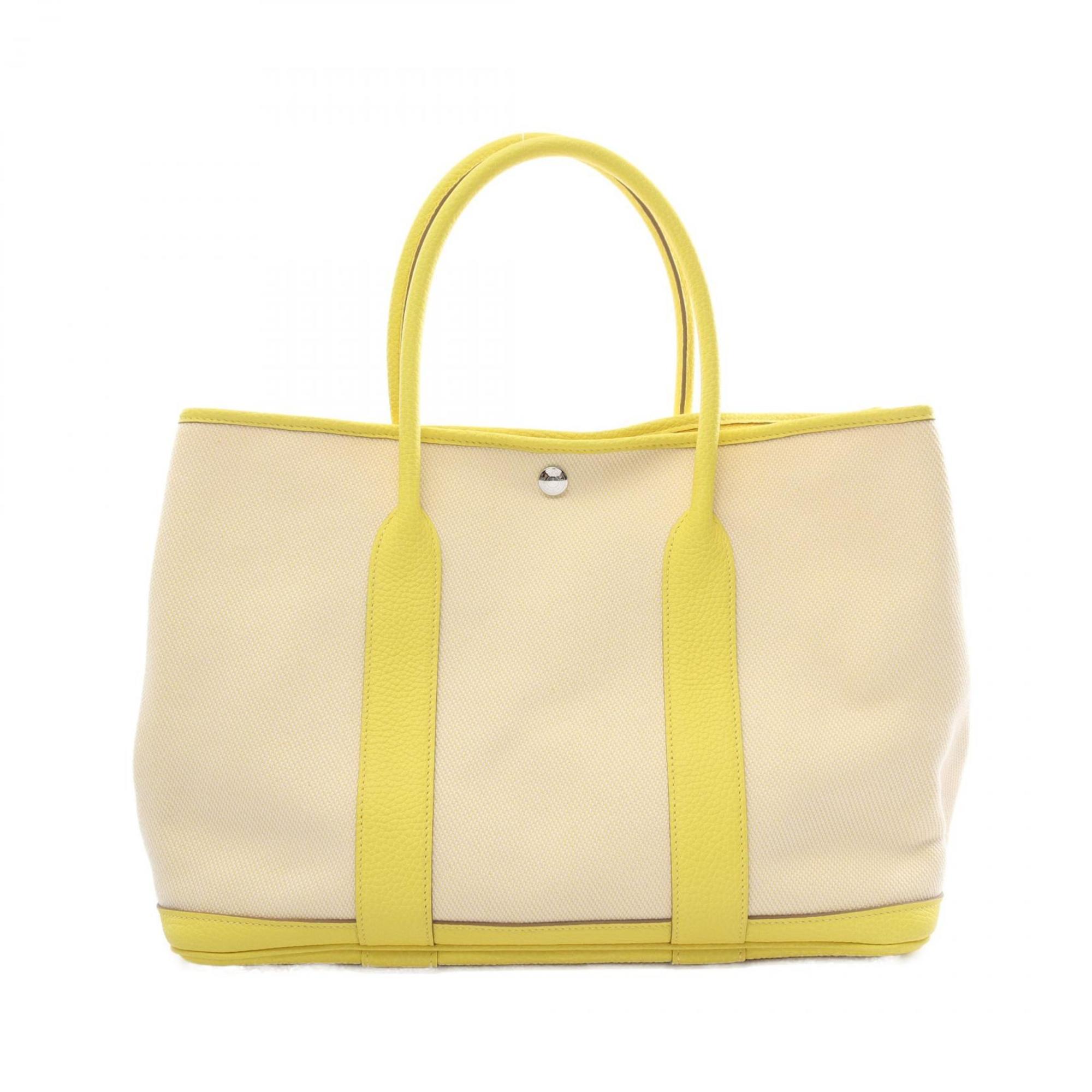 Hermes HERMES Garden PM Lime Tote Bag Leather Toile Officier Women's Beige Yellow 079231CK