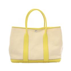 Hermes HERMES Garden PM Lime Tote Bag Leather Toile Officier Women's Beige Yellow 079231CK