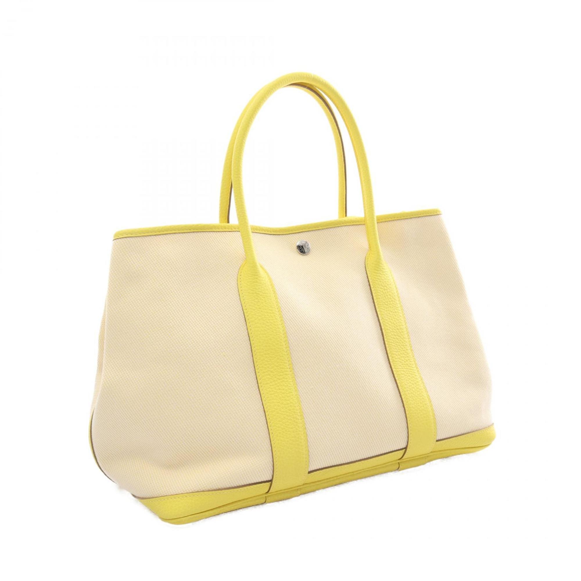 Hermes HERMES Garden PM Lime Tote Bag Leather Toile Officier Women's Beige Yellow 079231CK