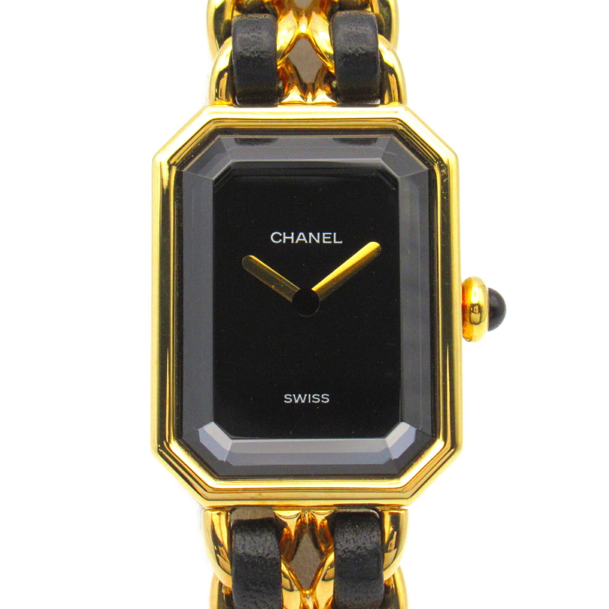 CHANEL Premiere M Watch GP (Gold Plated) Leather Strap Women's Black H0001