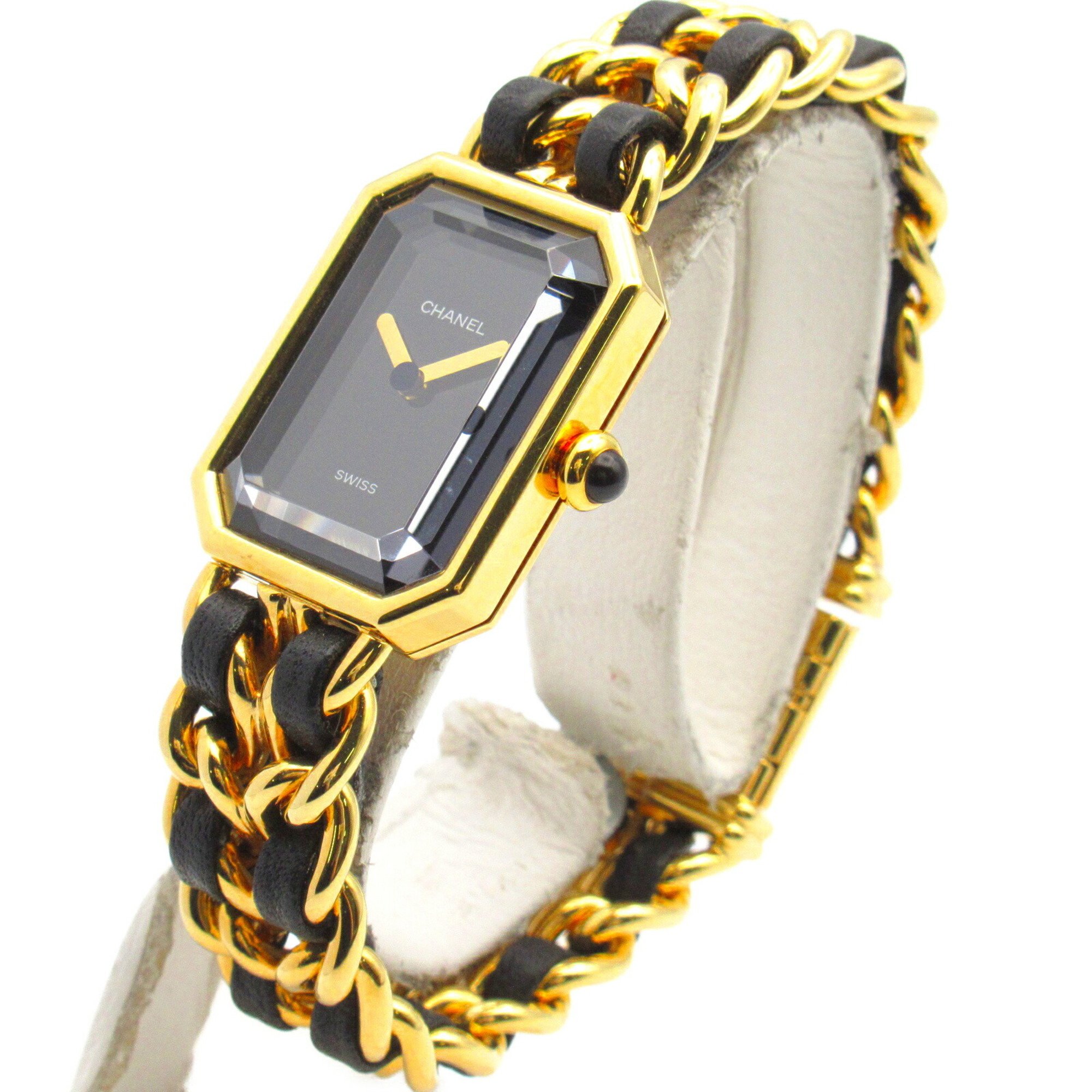 CHANEL Premiere M Watch GP (Gold Plated) Leather Strap Women's Black H0001