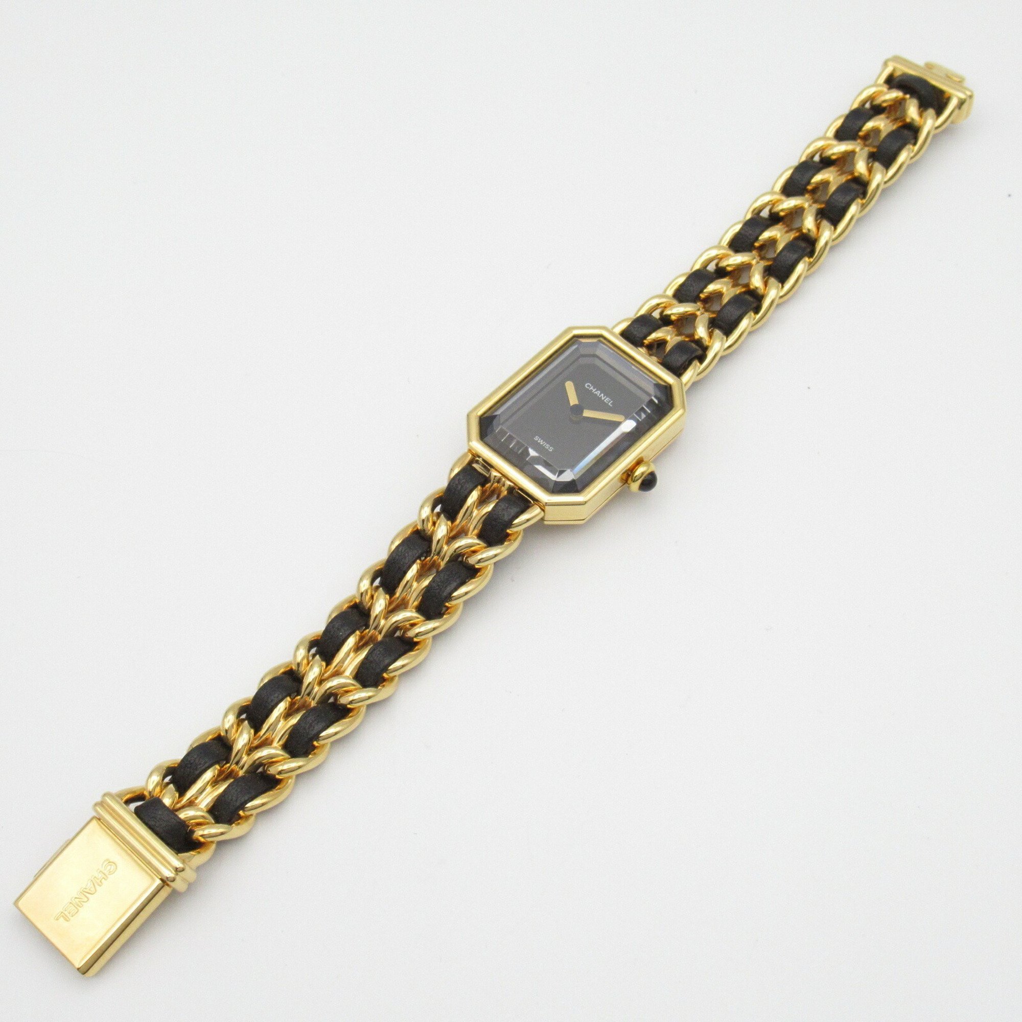 CHANEL Premiere M Watch GP (Gold Plated) Leather Strap Women's Black H0001