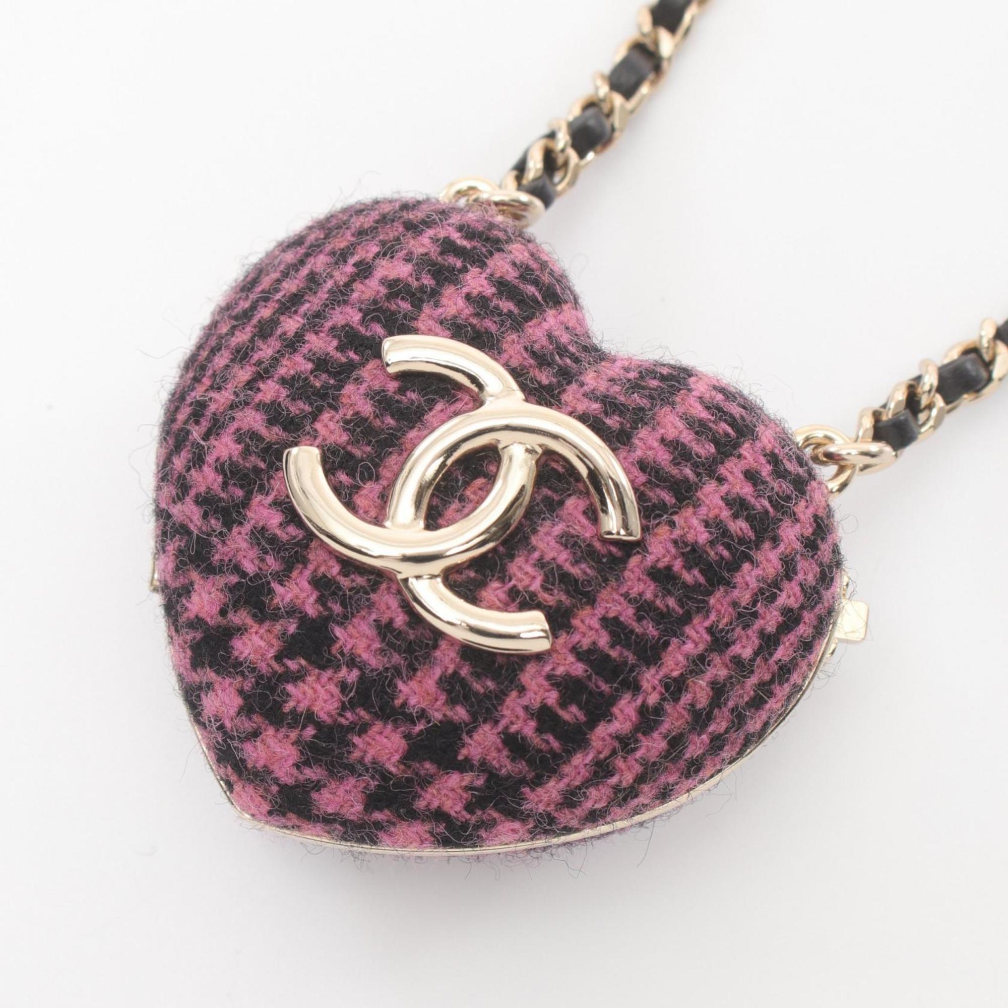 CHANEL Heart Locket Pendant Necklace GP (Gold Plated) Leather Tweed Women's Gold Pink Black AB9485