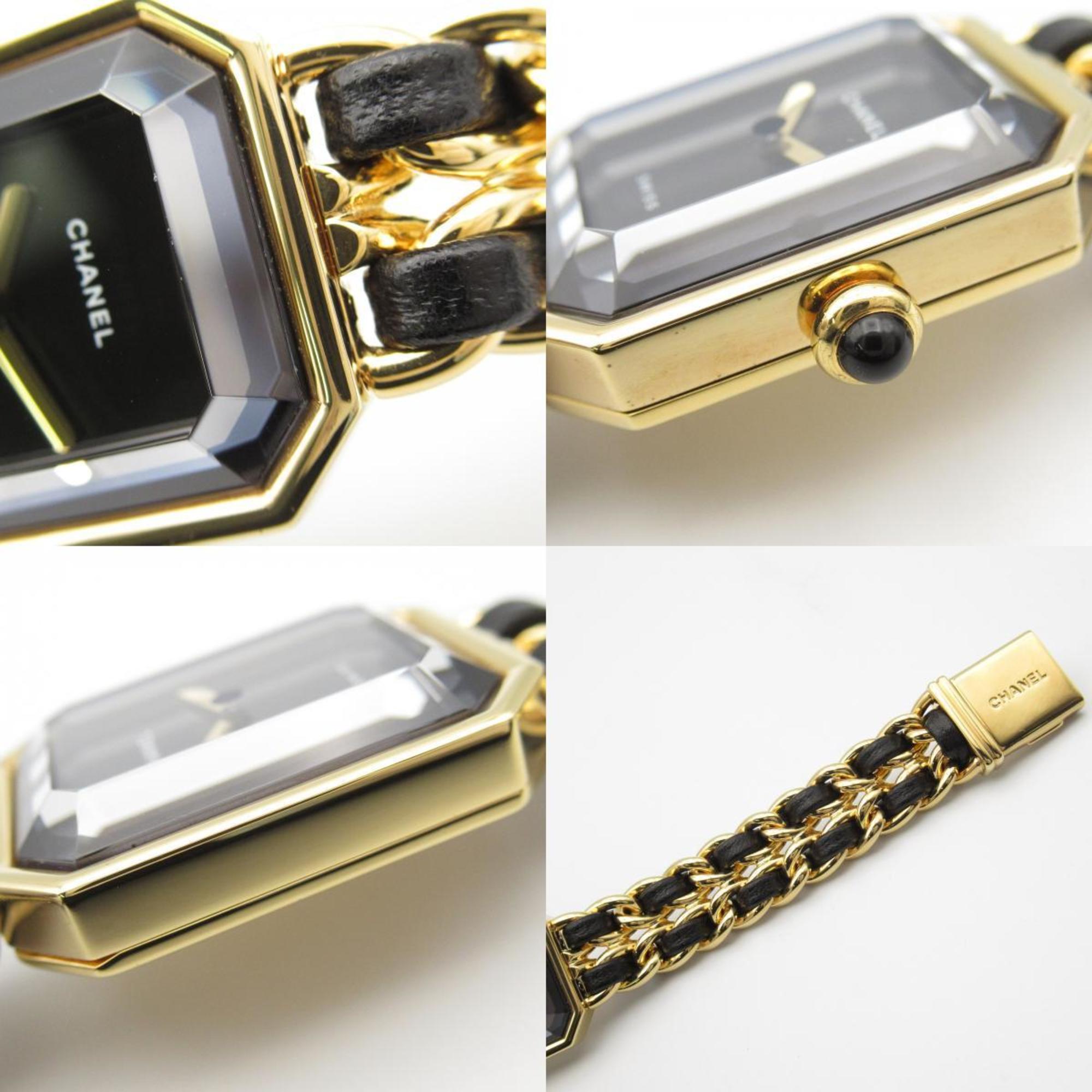 CHANEL Premiere M Watch GP (Gold Plated) Leather Strap Women's Black H0001