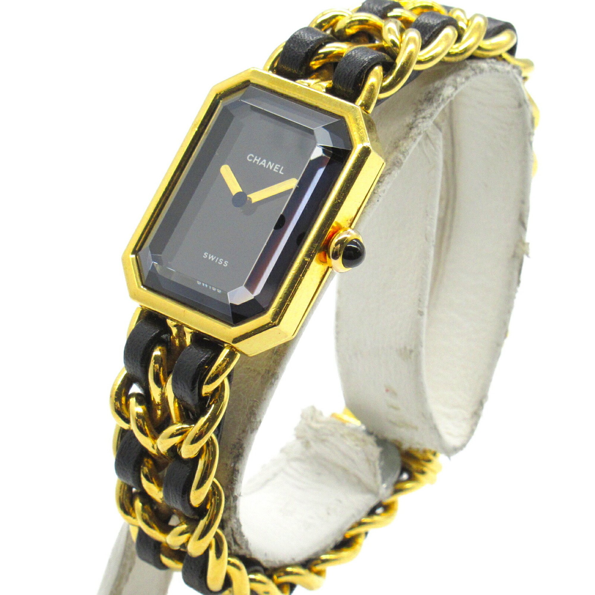 CHANEL Premiere M Watch GP (Gold Plated) Leather Strap Women's Black H0001