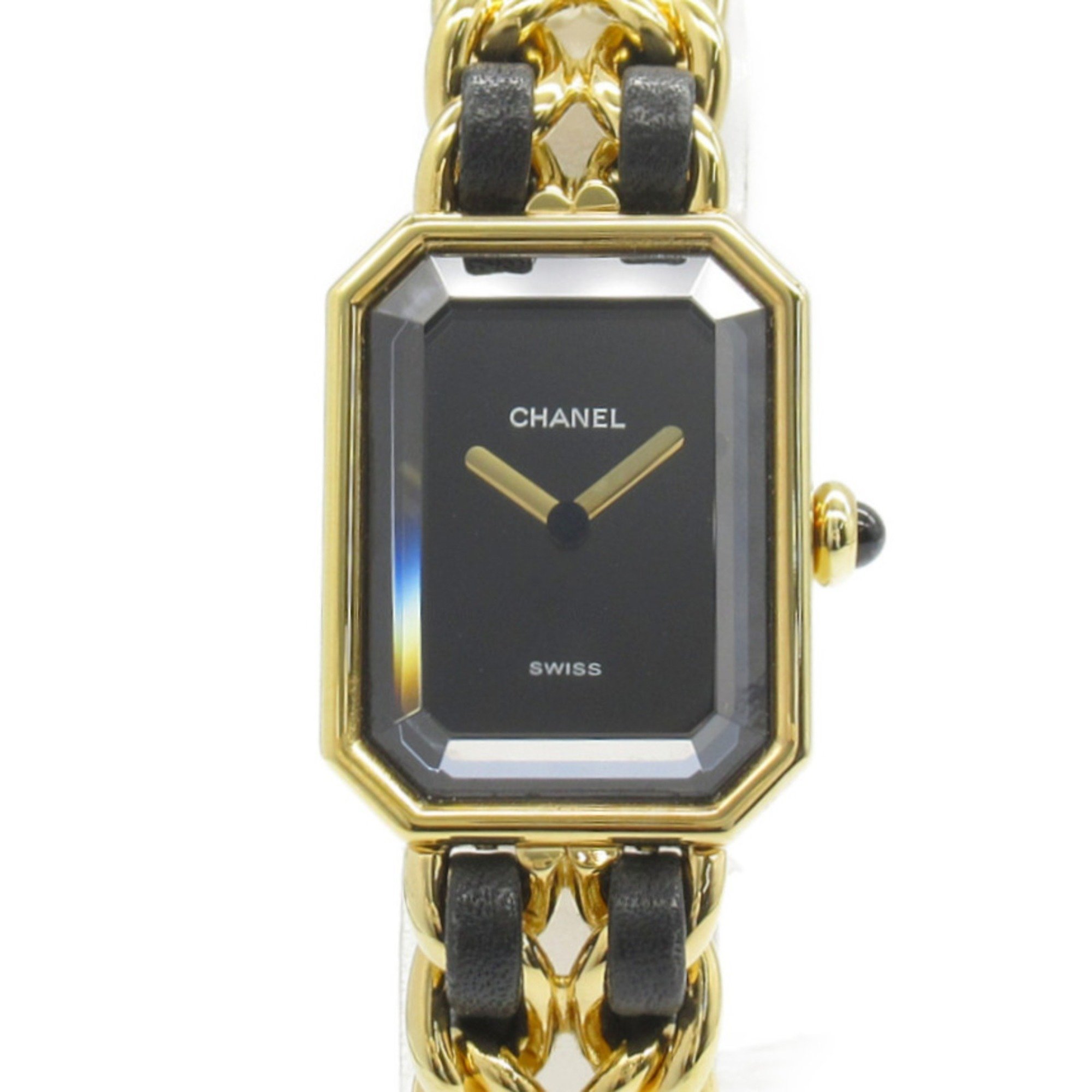 CHANEL Premiere M Watch, GP (Gold Plated), Leather, Women's, Black, H0001