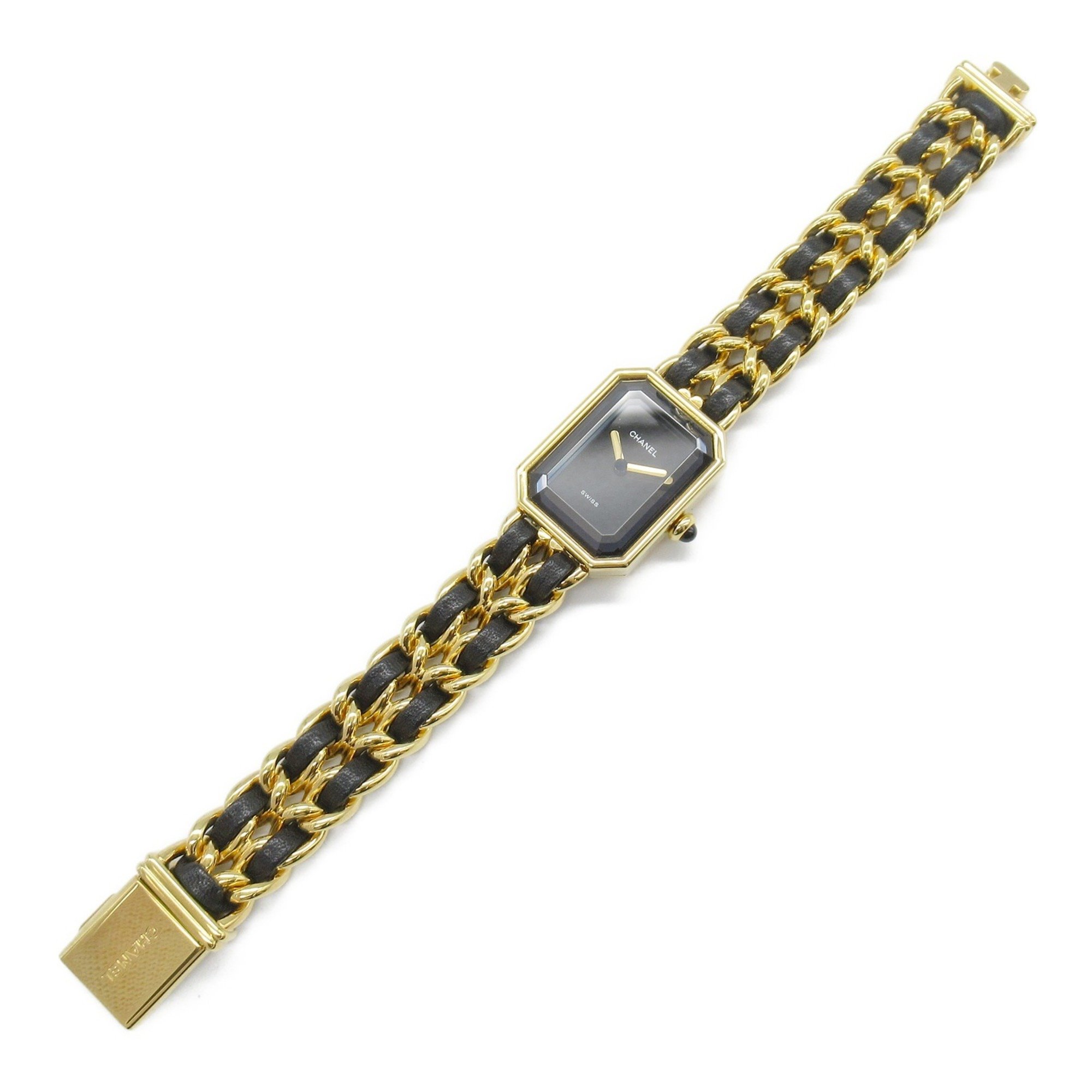 CHANEL Premiere M Watch, GP (Gold Plated), Leather, Women's, Black, H0001