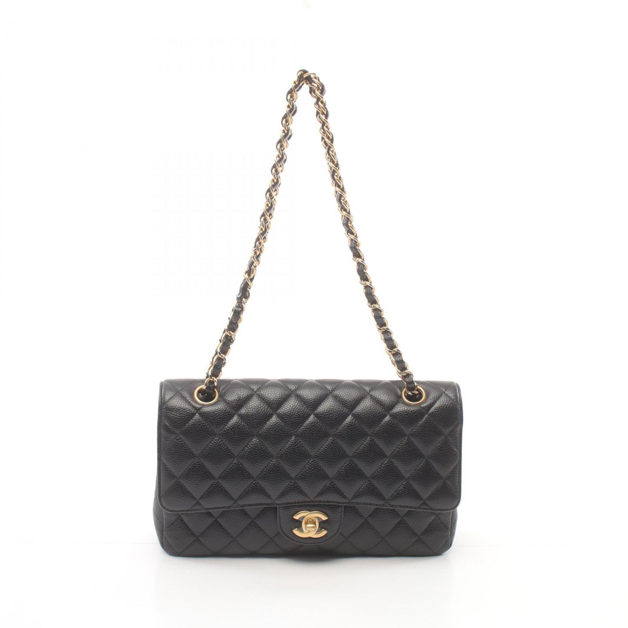 CHANEL Matelasse W-Flap Shoulder Bag Caviar Skin (Grained Calf) Women's Black 1112