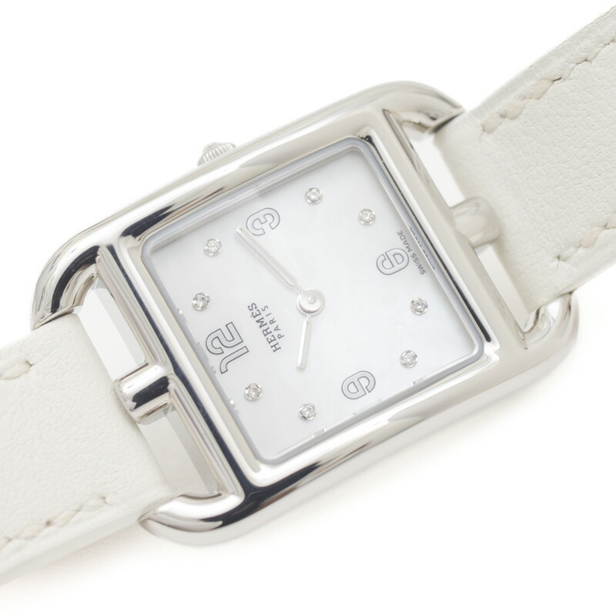 Hermes Cape Cod PM CC1.210a White Shell 8P Diamond Watch Quartz Ladies