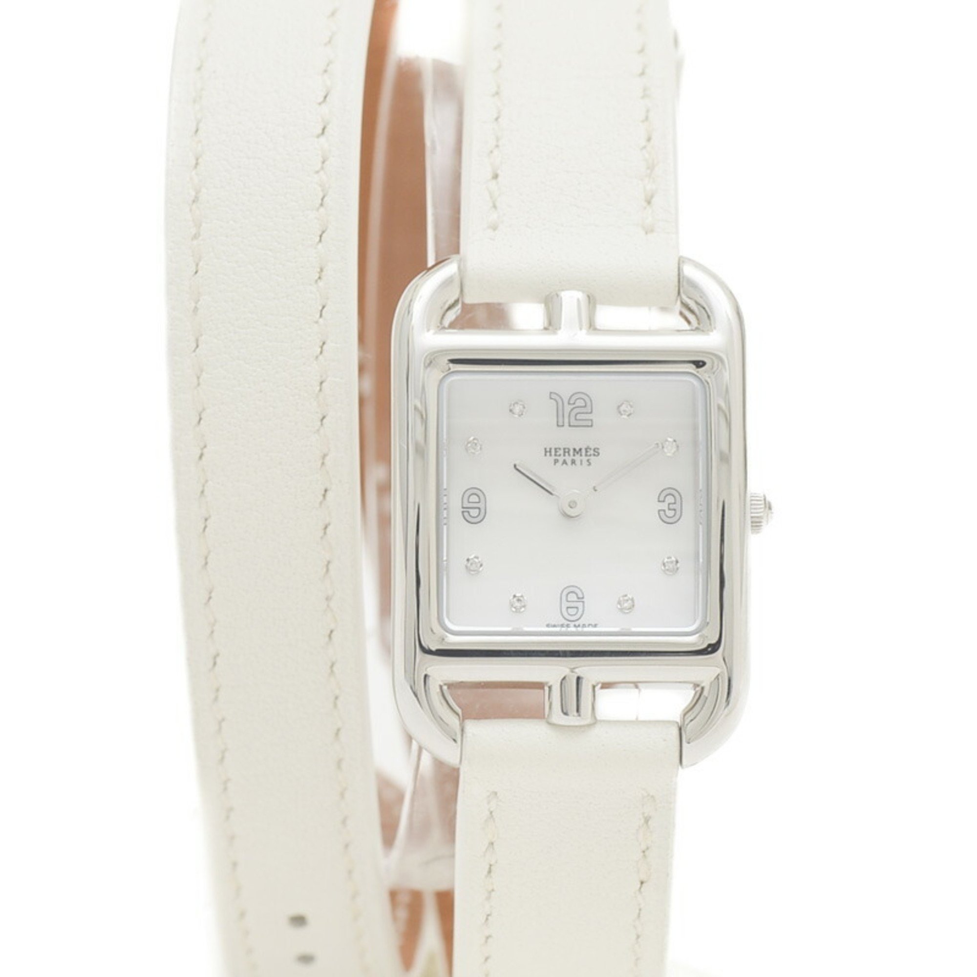 Hermes Cape Cod PM CC1.210a White Shell 8P Diamond Watch Quartz Ladies