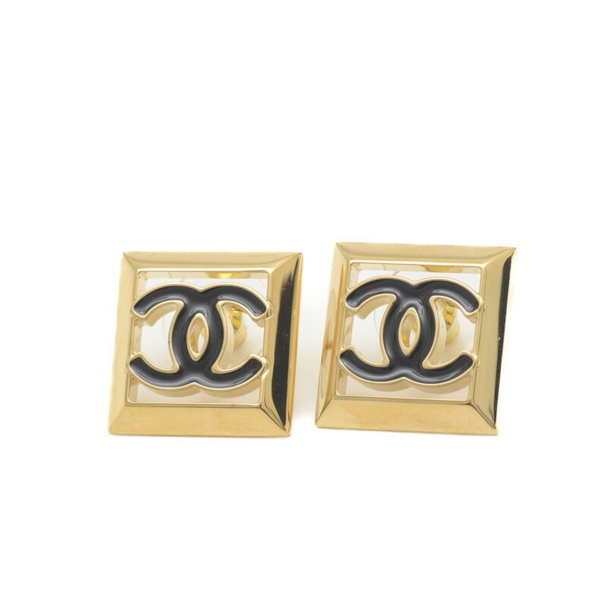 Chanel Coco Mark Square Earrings, Openwork Design, Gold, Black, B24A