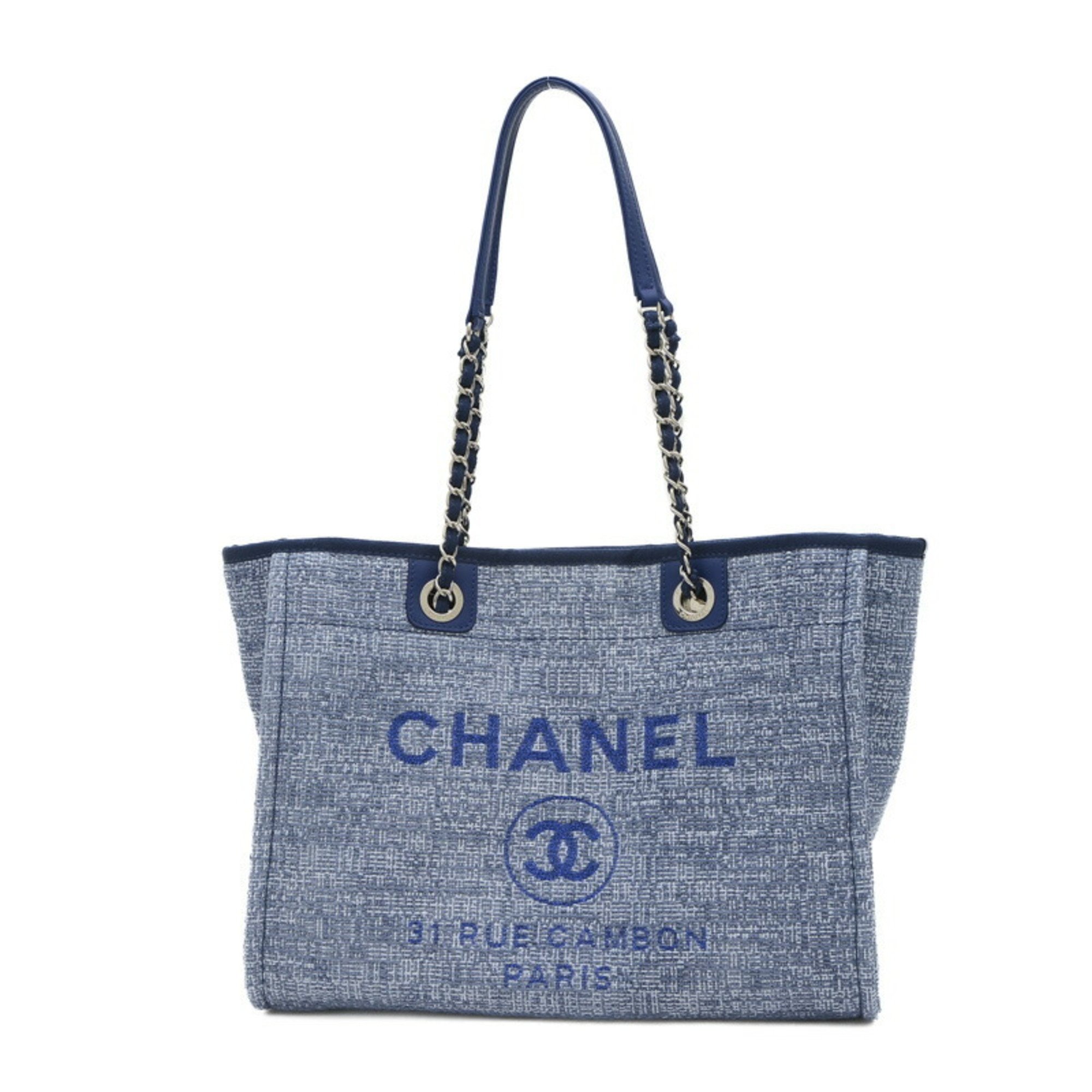 Chanel Deauville MM Chain Tote Bag Canvas Blue A67001