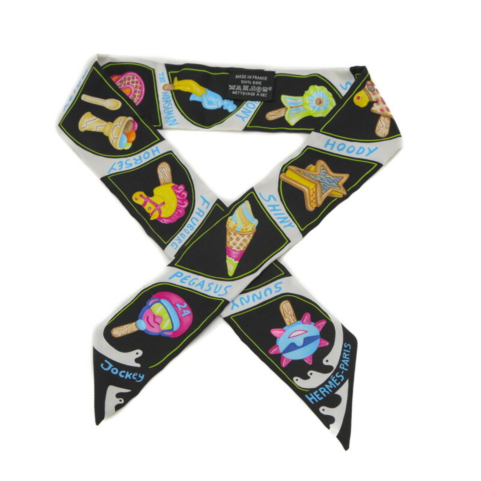 Hermes Twilly Scarf Funny Ice Cream Black 100% Silk