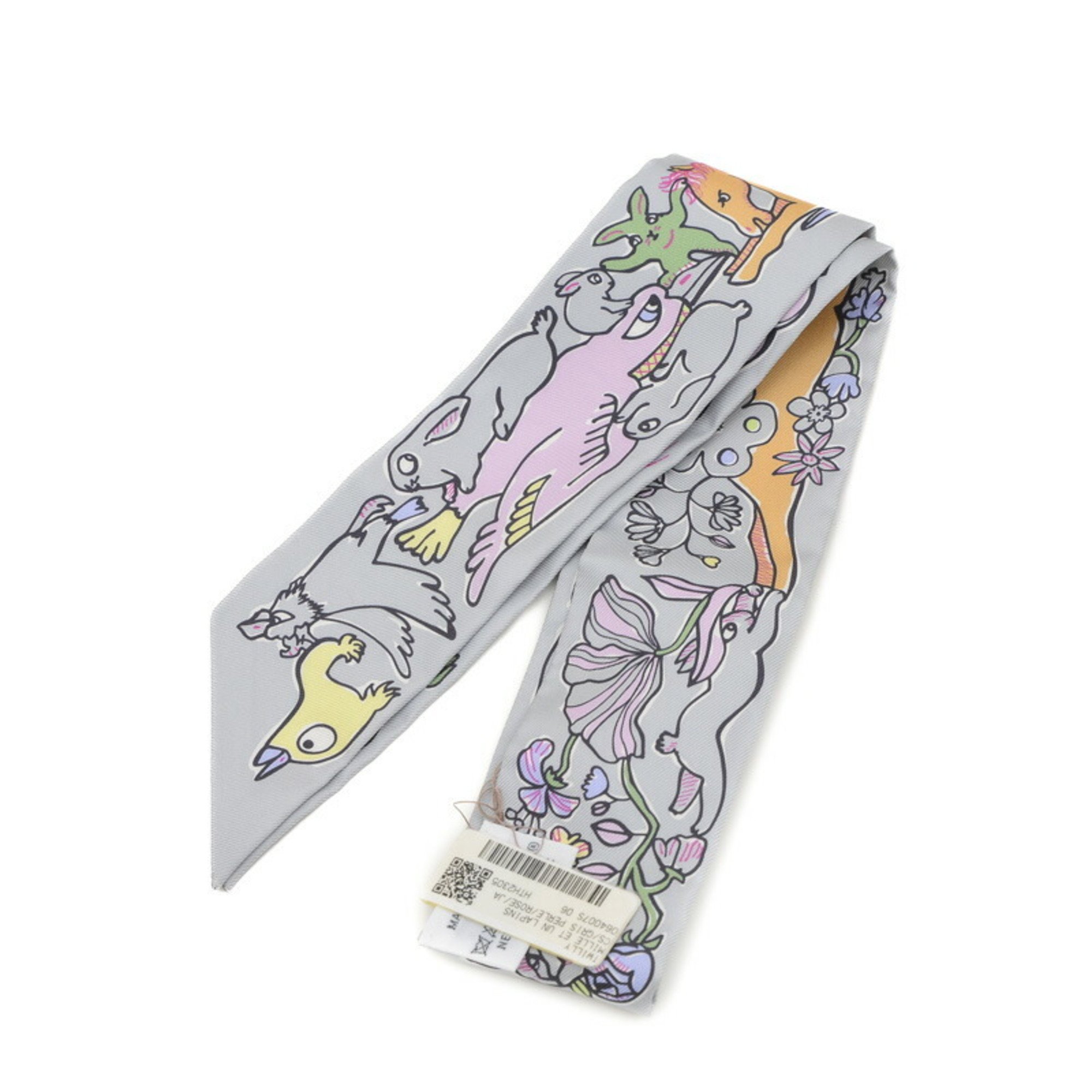 Hermes Twilly Scarf Thousand and One Rabbits MILLE ET UN LAPINS Gris Pale Rose Jaune