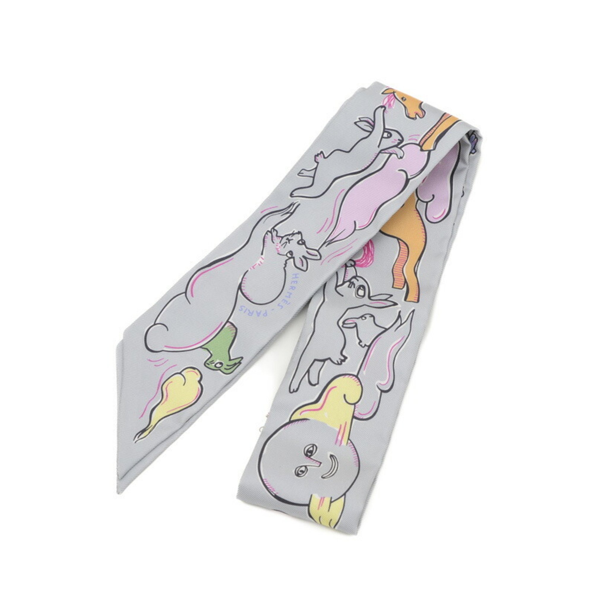 Hermes Twilly Scarf Thousand and One Rabbits MILLE ET UN LAPINS Gris Pale Rose Jaune