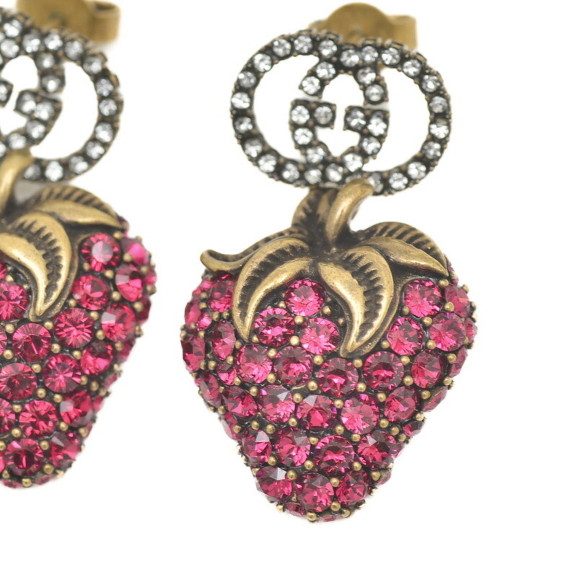 Gucci Interlocking G Strawberry Motif Earrings Rhinestone Gold