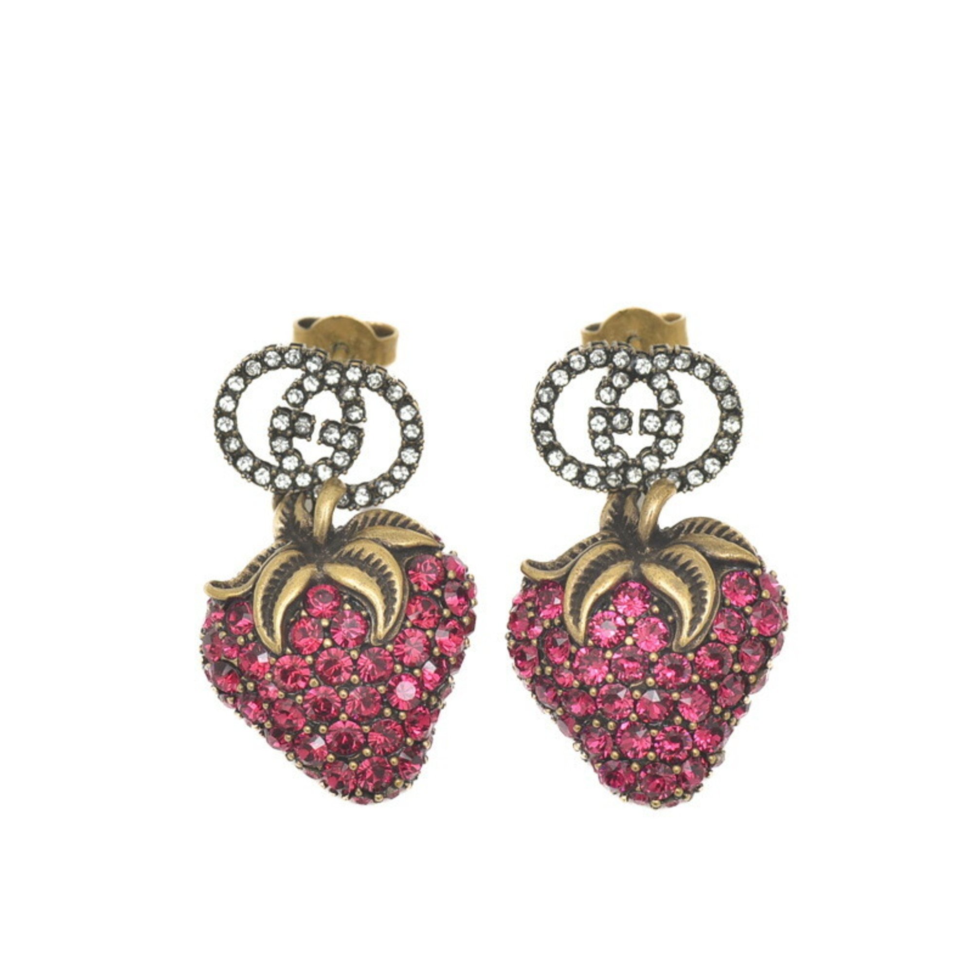 Gucci Interlocking G Strawberry Motif Earrings Rhinestone Gold