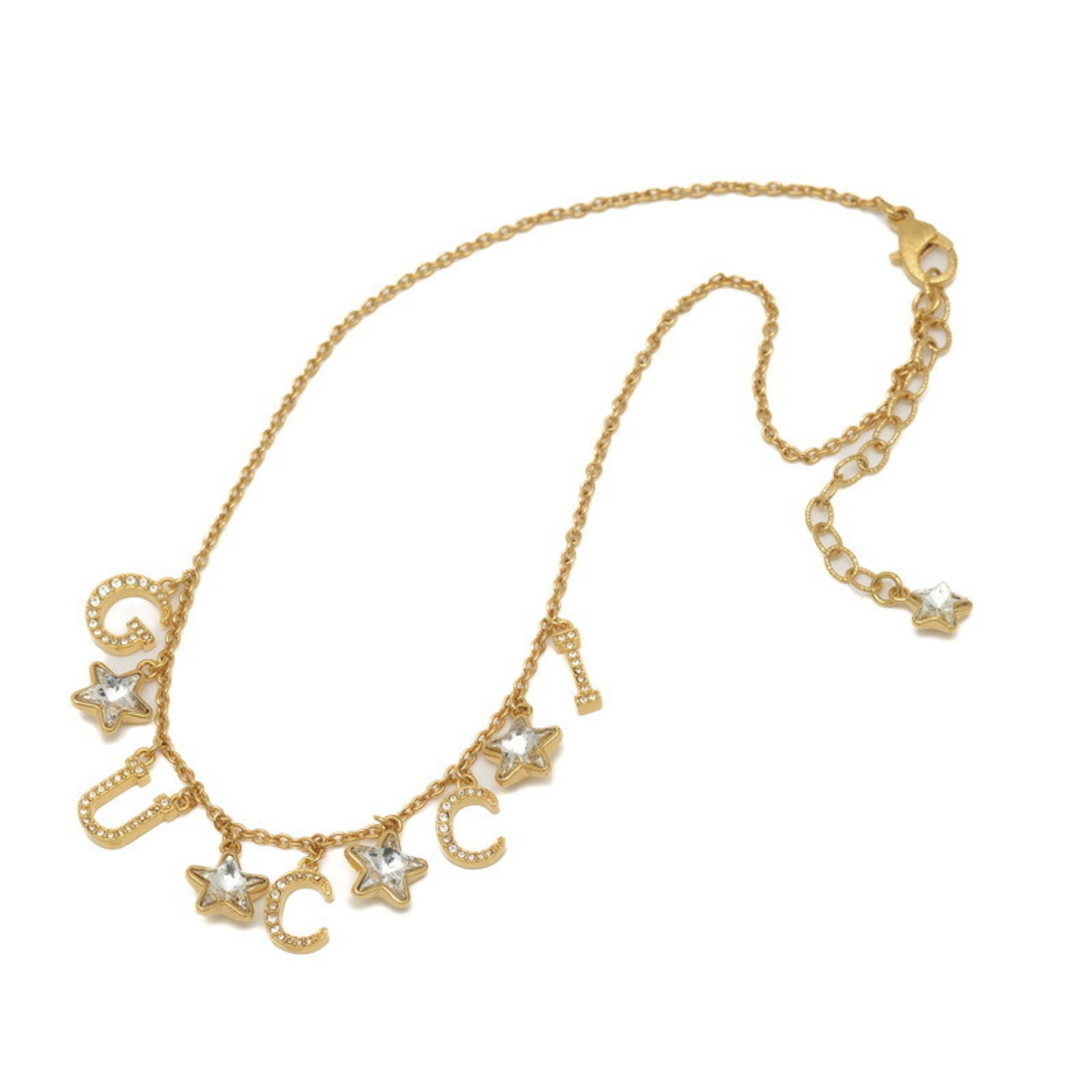 Gucci Script Star Detail Crystal Stone Necklace Gold 679044