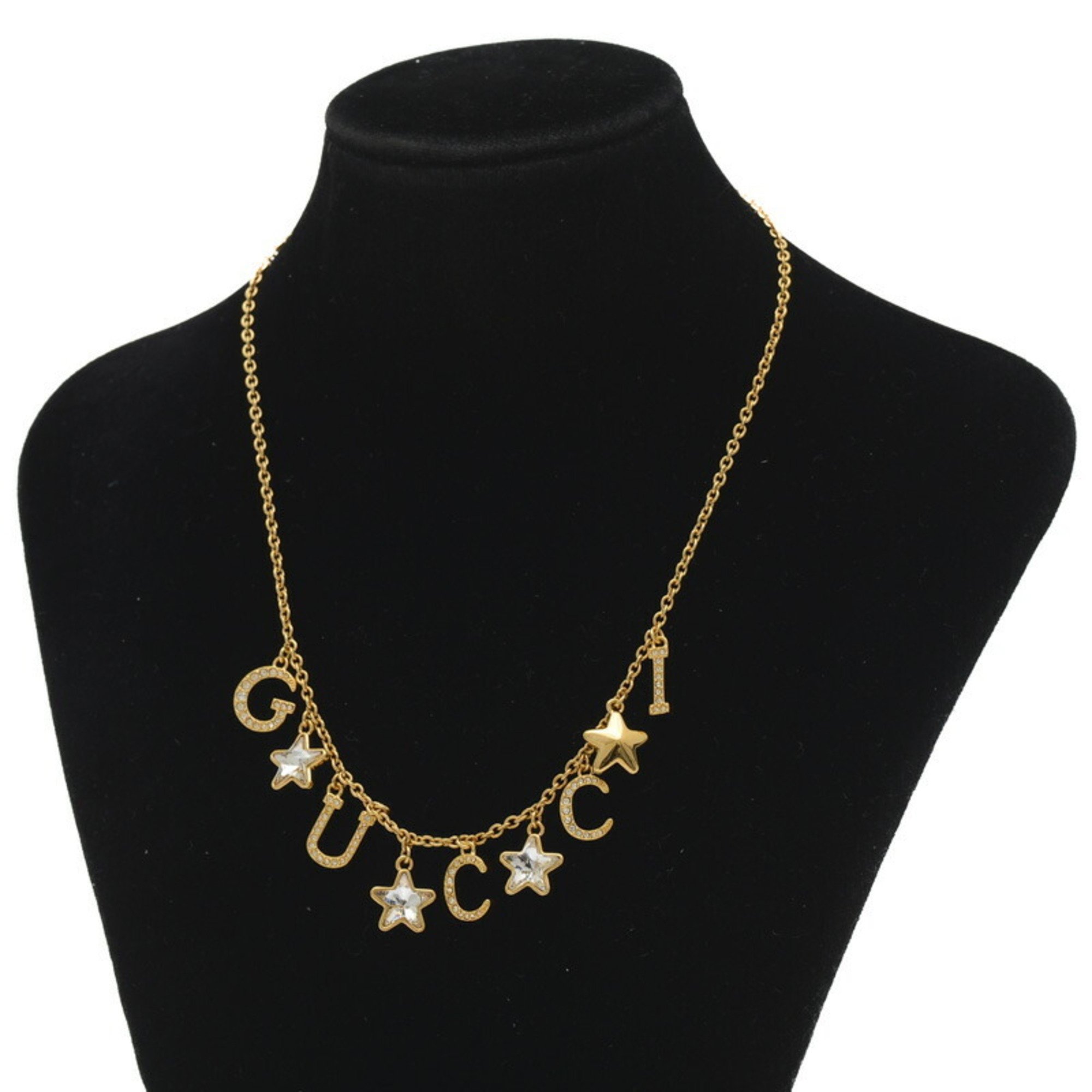 Gucci Script Star Detail Crystal Stone Necklace Gold 679044