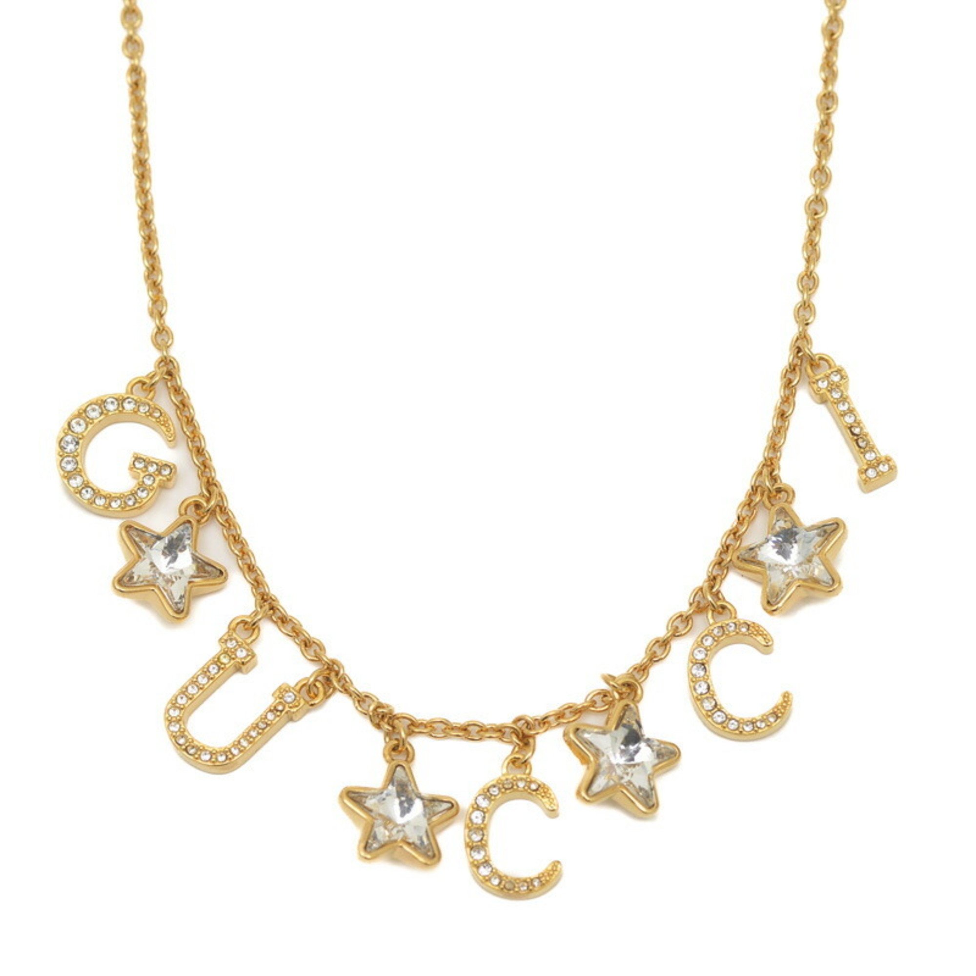 Gucci Script Star Detail Crystal Stone Necklace Gold 679044