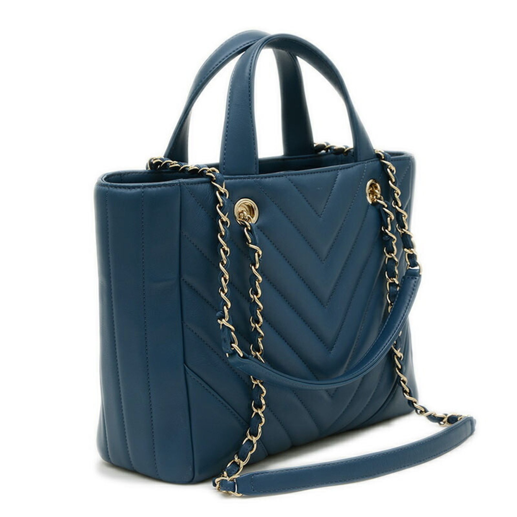 Chanel Chevron V-stitch Tote Bag Leather Blue A91642