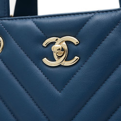 Chanel Chevron V-stitch Tote Bag Leather Blue A91642