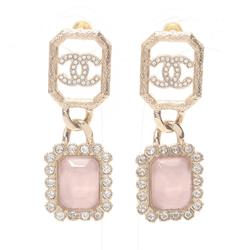 CHANEL Coco Mark Earrings GP (Gold Plated) Rhinestones Women's Gold Clear Pink