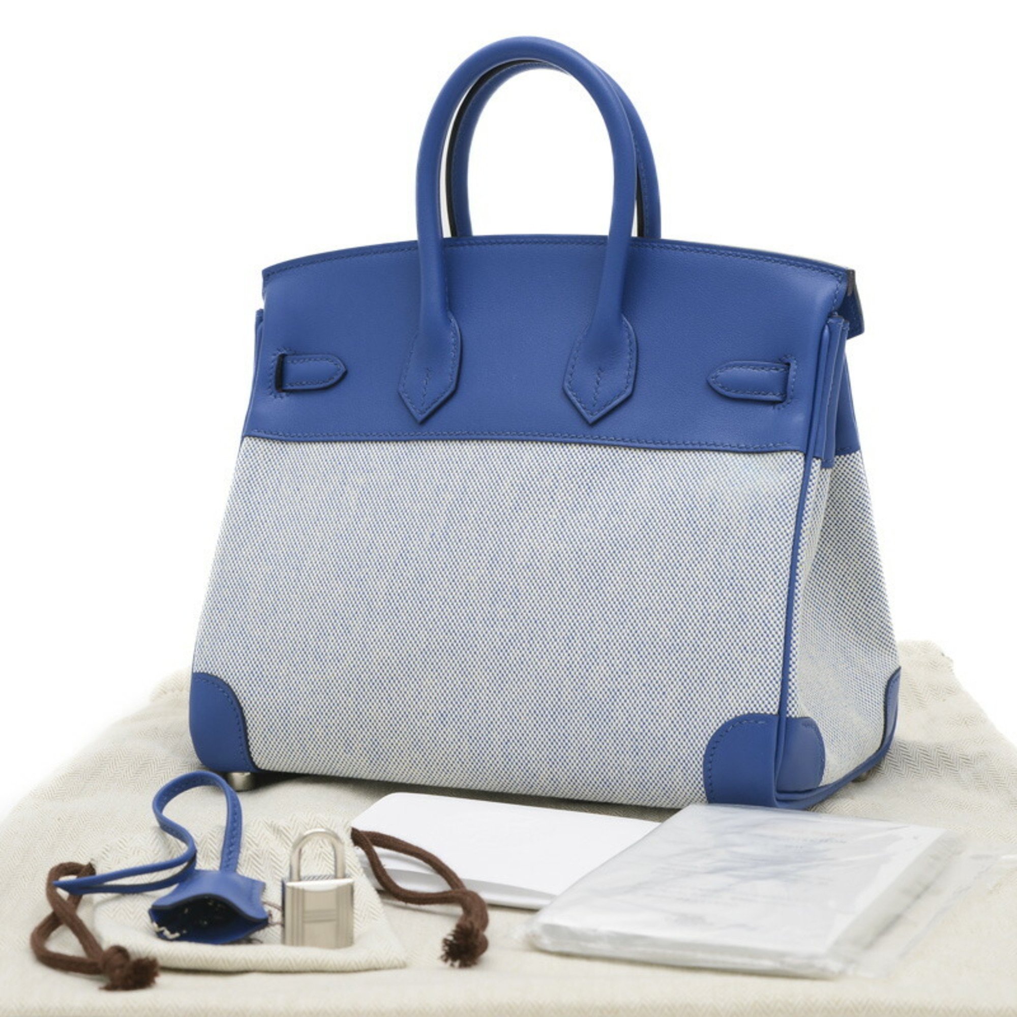 Hermes Birkin 25 Swift Handbag Toile Ecru Blue Bill France