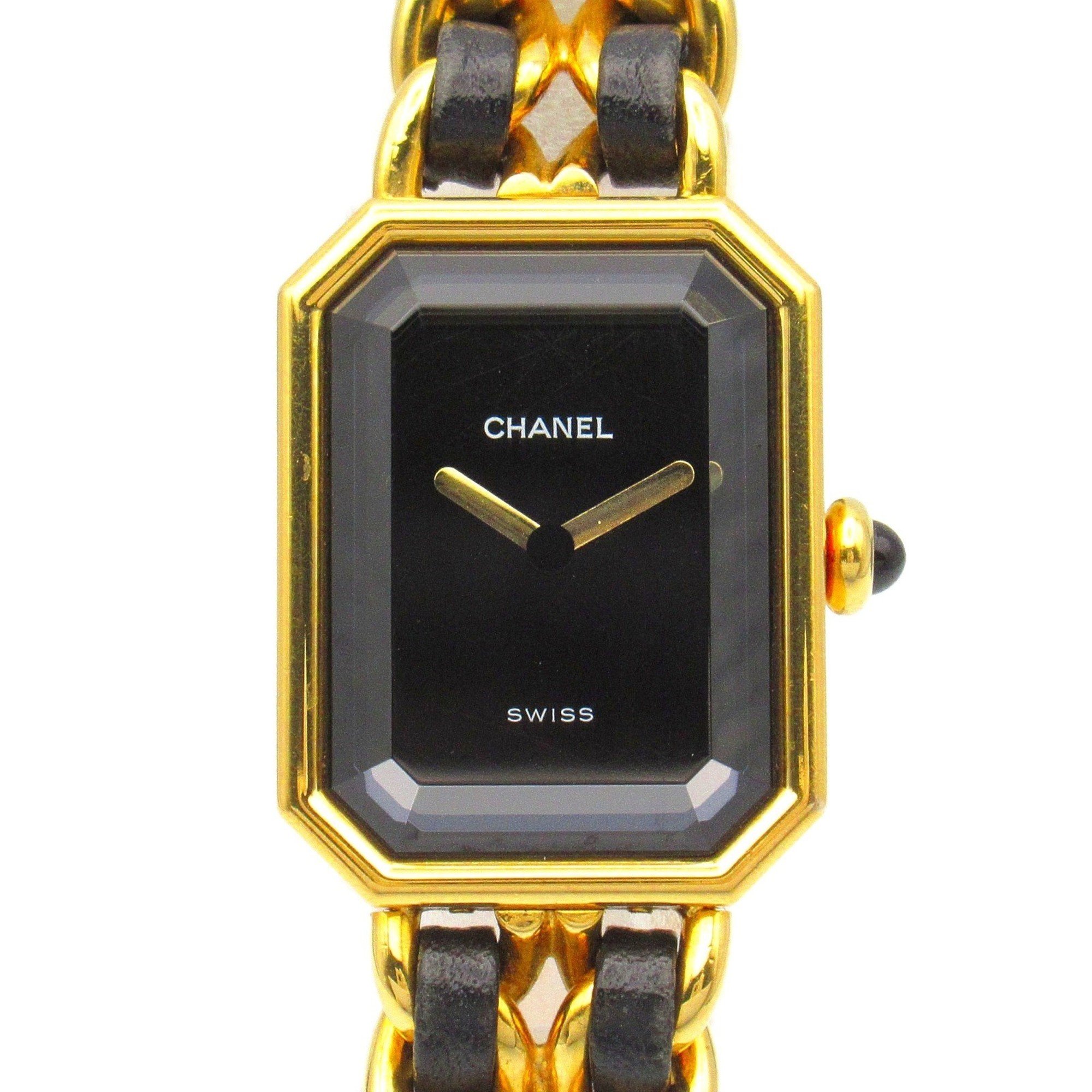 CHANEL Premiere XL Watch GP (Gold Plated) Leather Strap Women's Black H0001