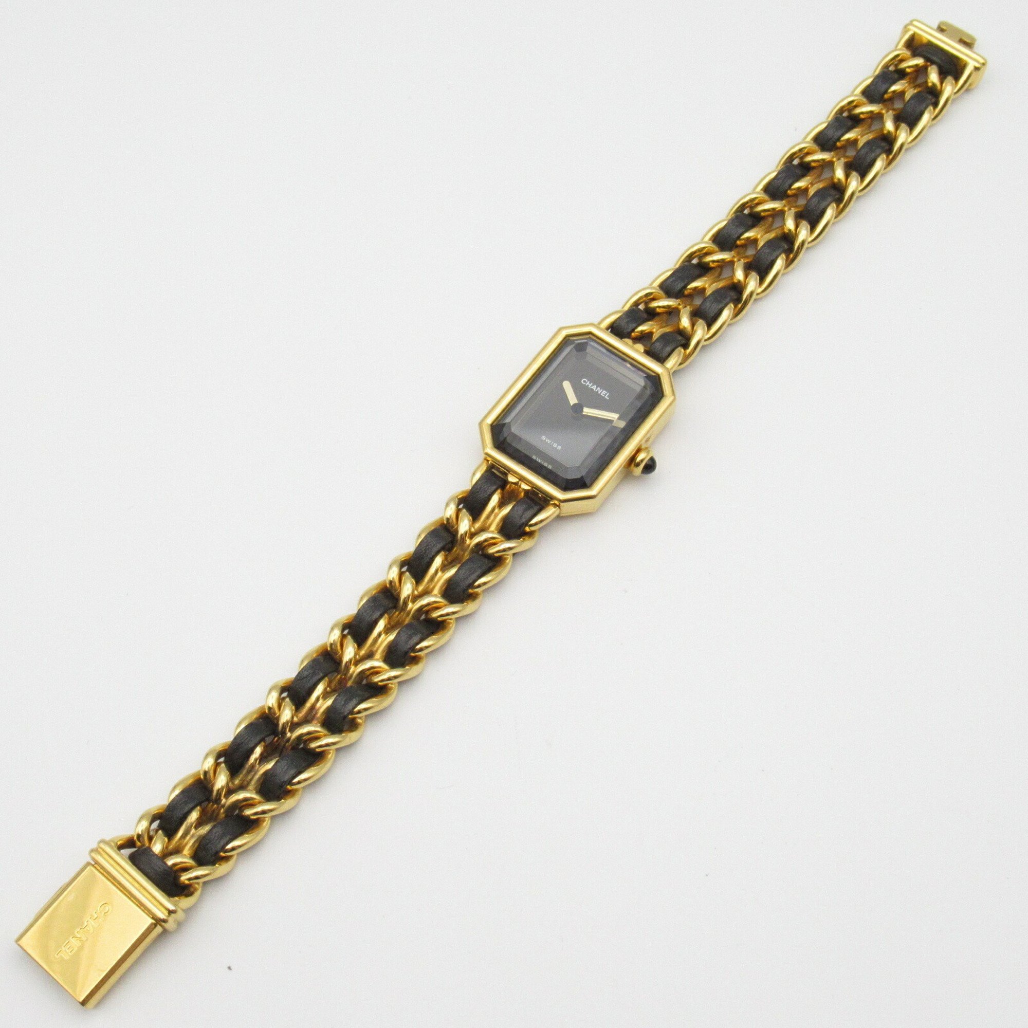 CHANEL Premiere XL Watch GP (Gold Plated) Leather Strap Women's Black H0001