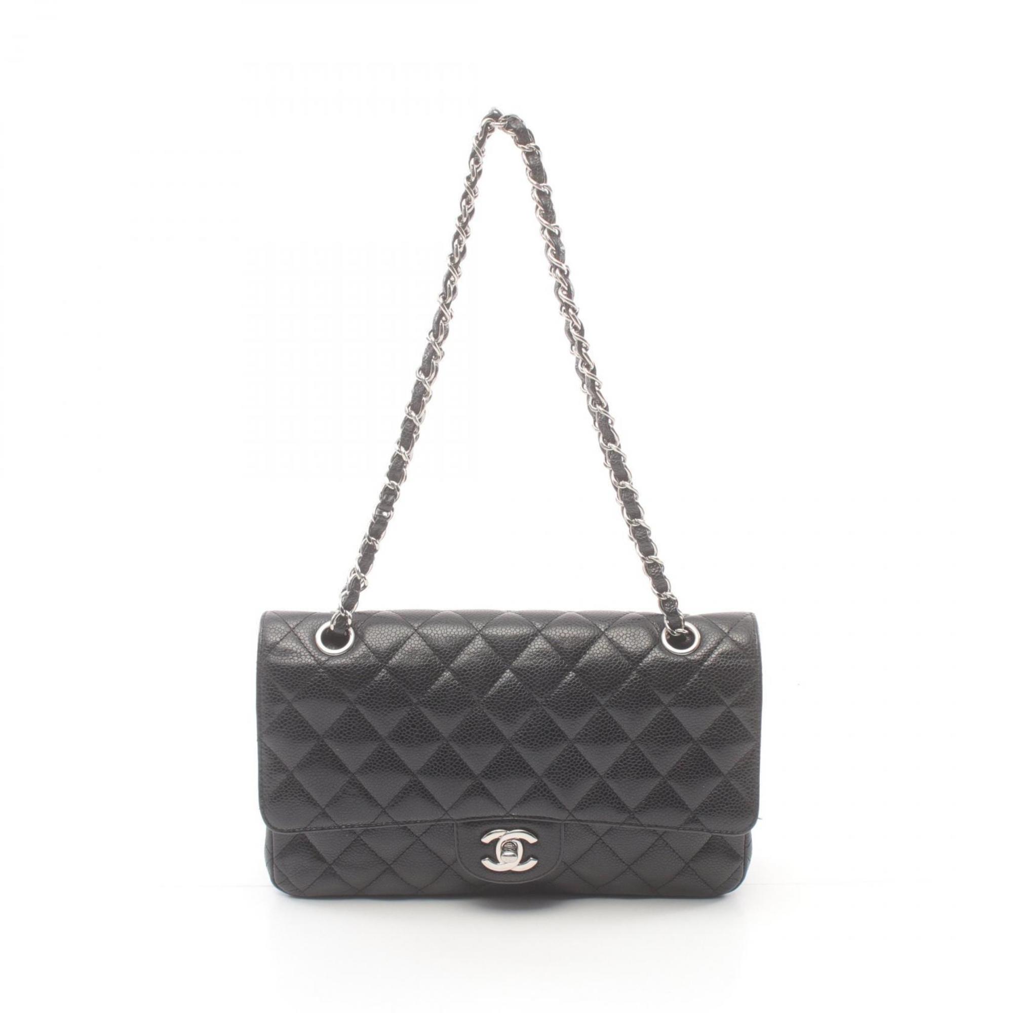 CHANEL Matelasse W-Flap Shoulder Bag Caviar Skin (Grained Calf) Women's Black A01112