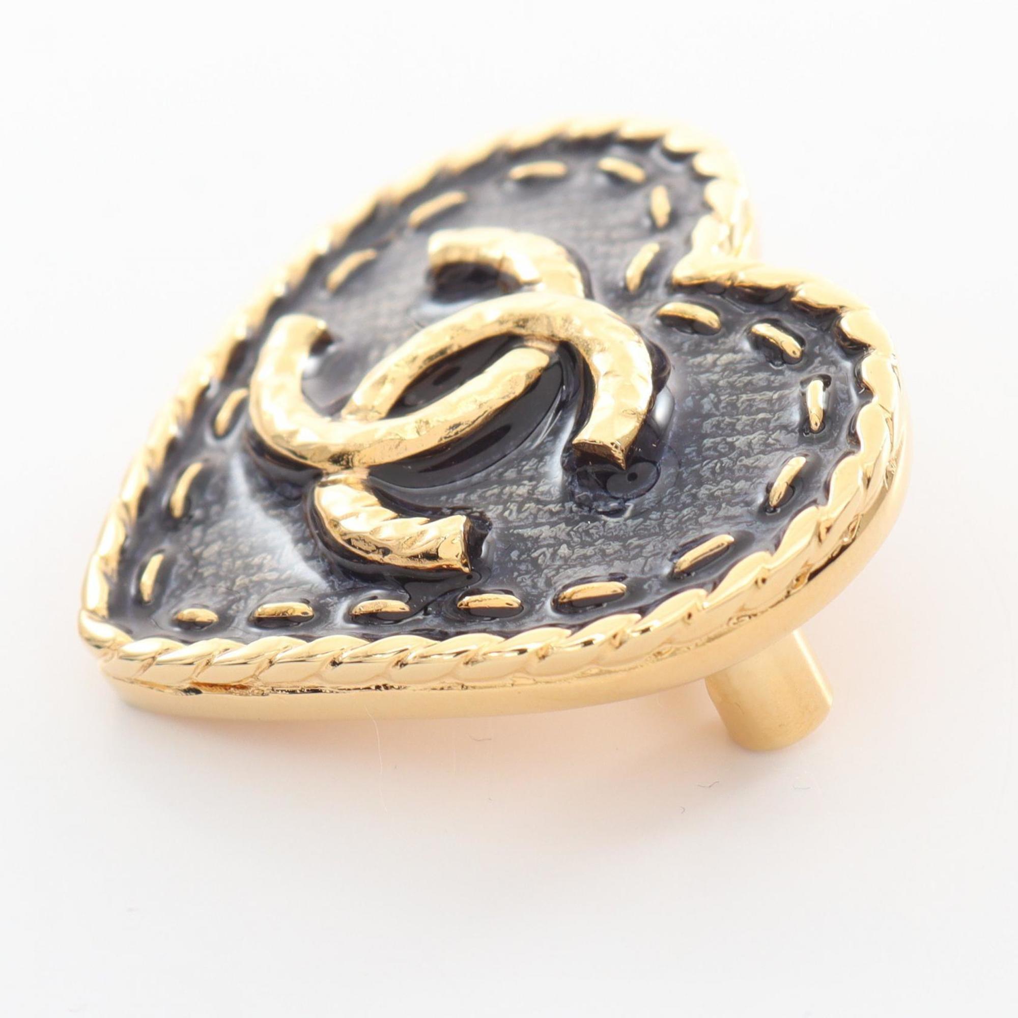 CHANEL Coco Mark Heart Brooch GP (Gold Plated) Women's Navy Gold