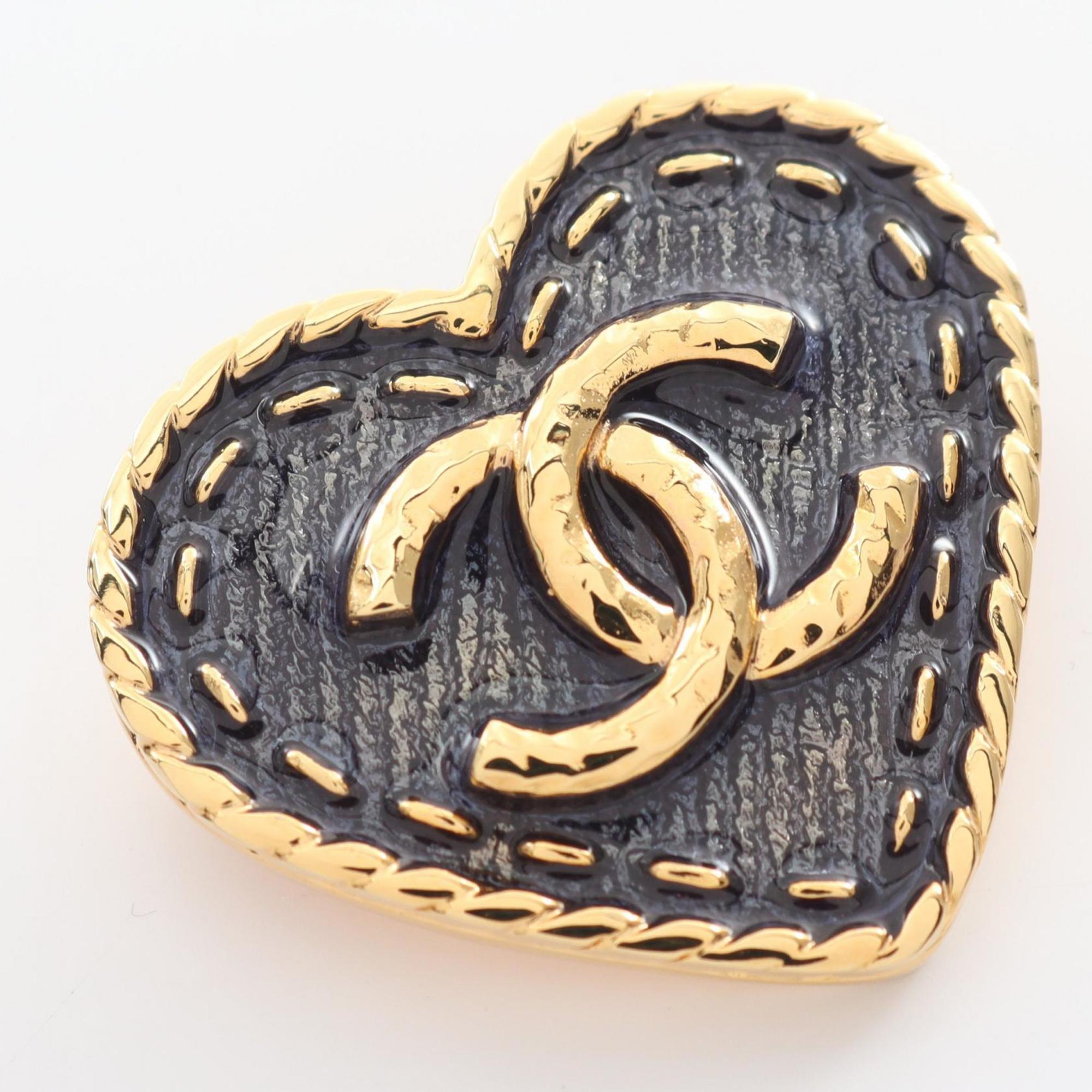 CHANEL Coco Mark Heart Brooch GP (Gold Plated) Women's Navy Gold