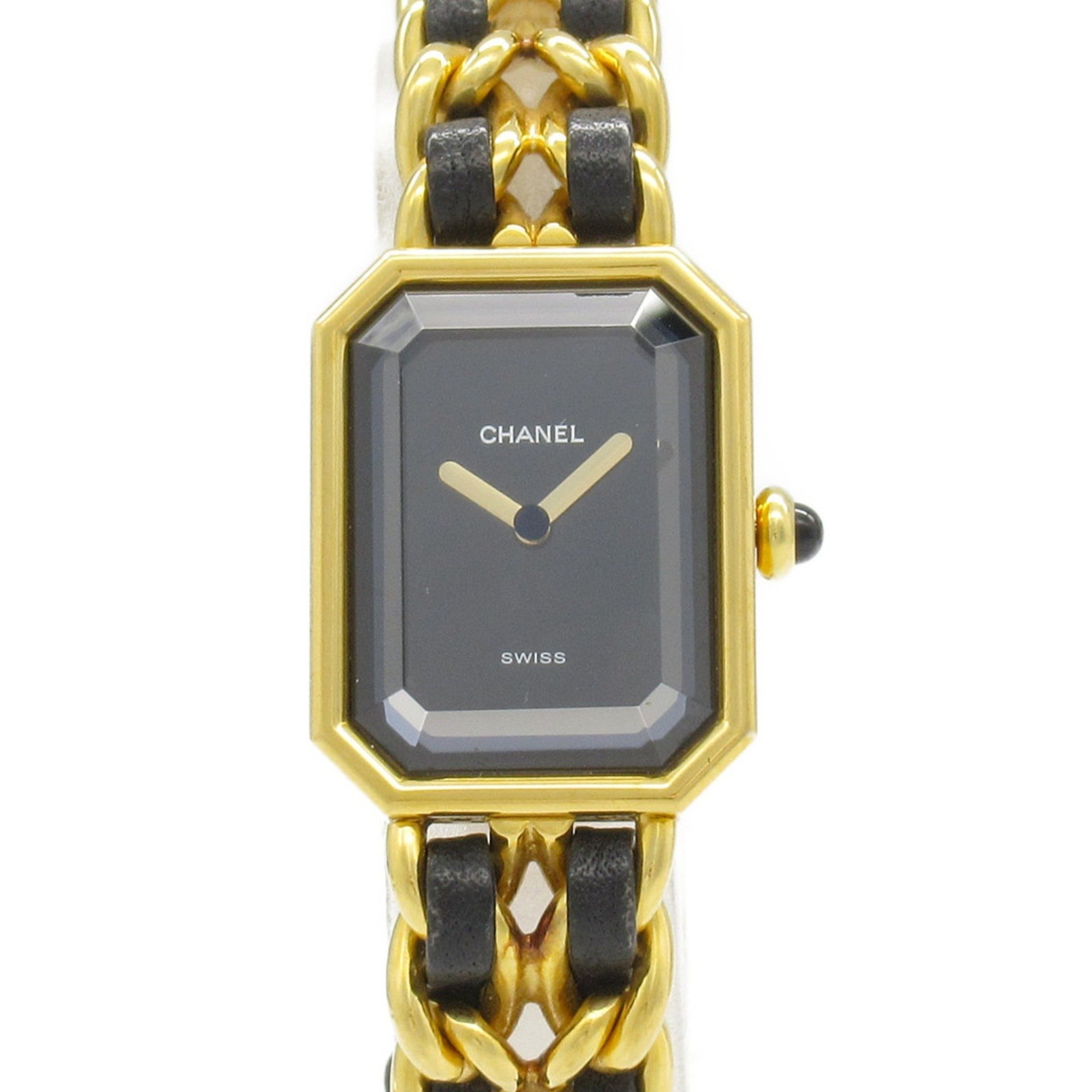 CHANEL Premiere M Watch, GP (Gold Plated), Leather, Women's, Black, H0001