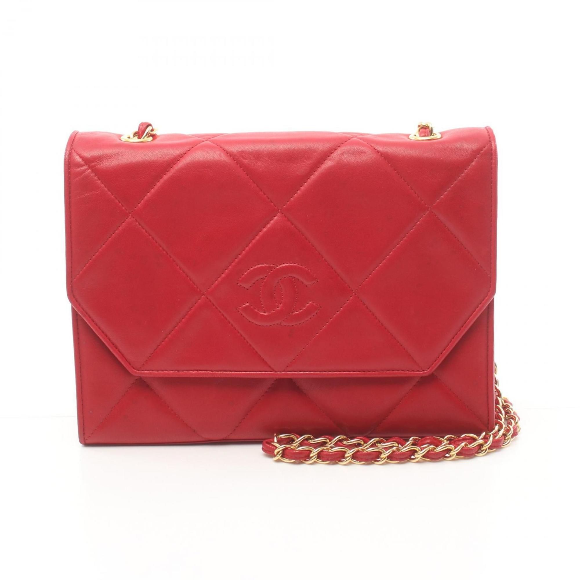 CHANEL Coco Mark Diamond Stitch Shoulder Bag Lambskin Women's Red