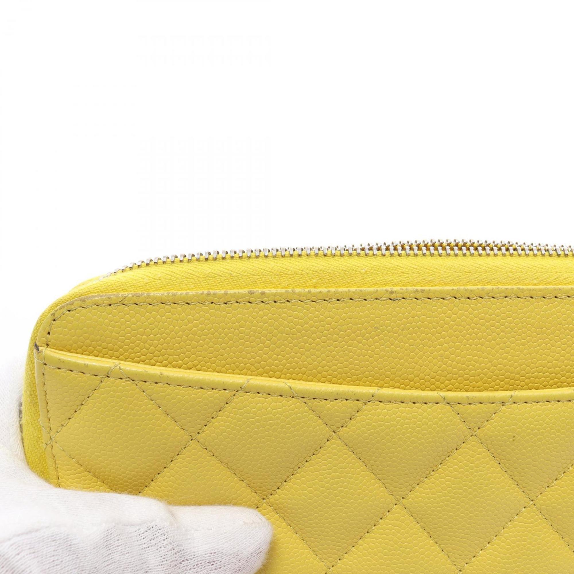 CHANEL Matelasse Round Long Wallet Caviar Skin (Grained Calfskin) Women's Yellow