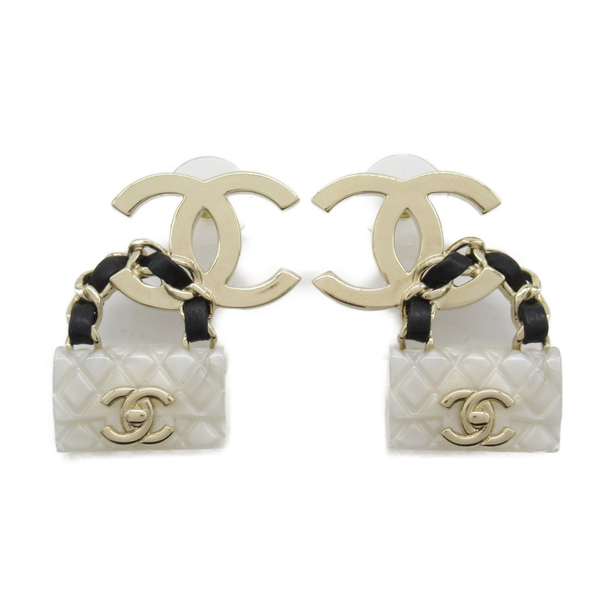 CHANEL Matelasse Earrings GP (Gold Plated) Plastic Women's Gold White B23C