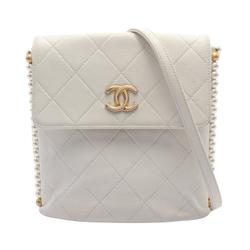 CHANEL Matelasse Faux Pearl Shoulder Bag Leather Women's White