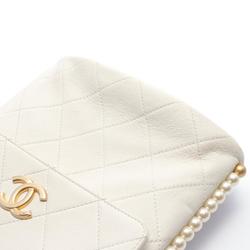 CHANEL Matelasse Faux Pearl Shoulder Bag Leather Women's White