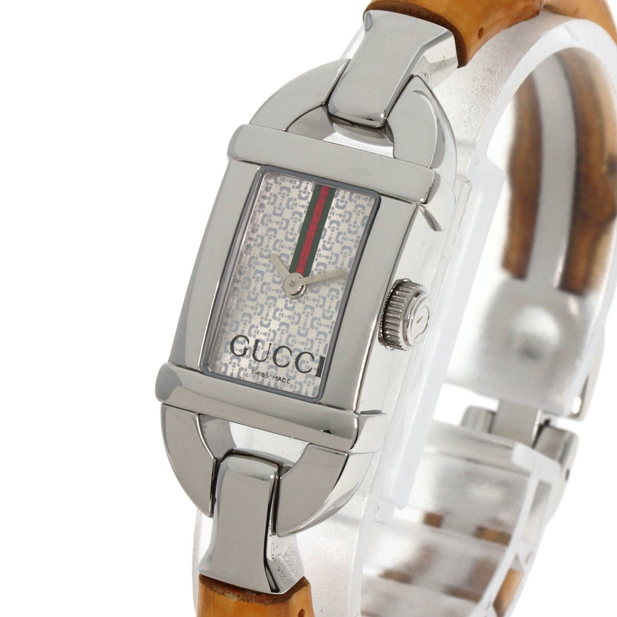 Gucci 6800L Shelly Line Square Face Watch Stainless Steel Bamboo Women's