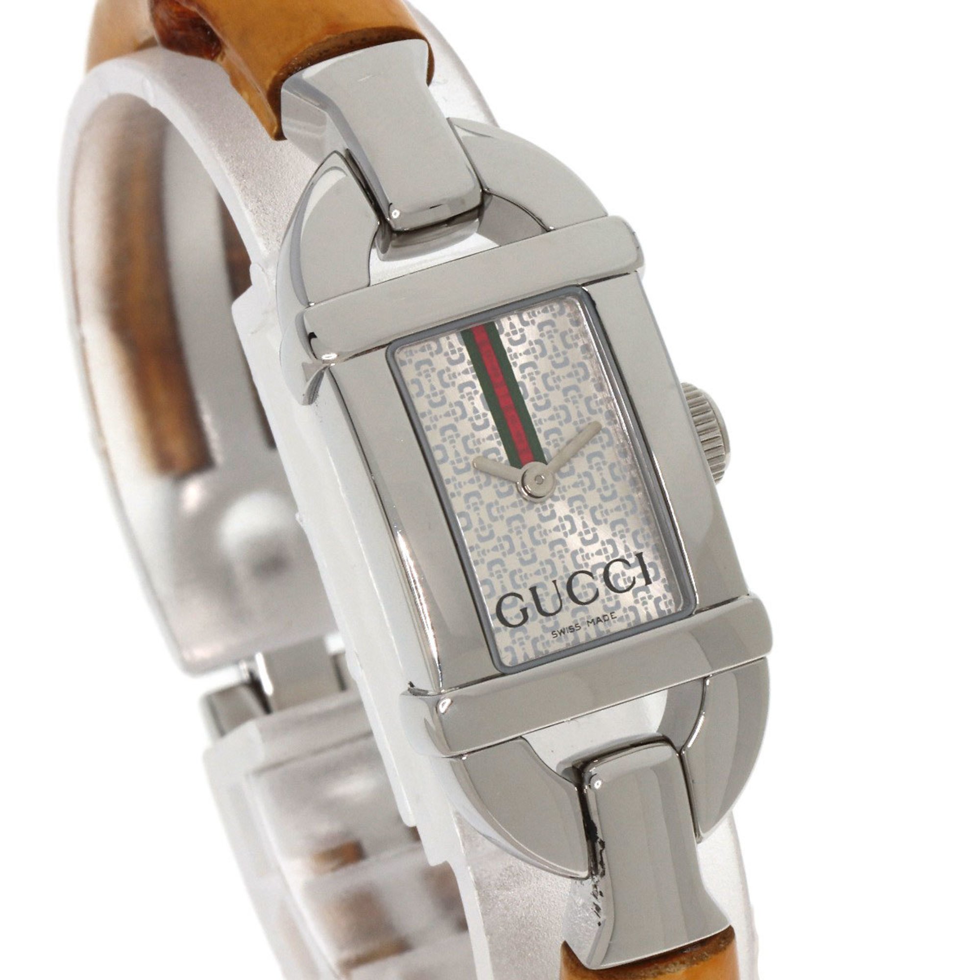 Gucci 6800L Shelly Line Square Face Watch Stainless Steel Bamboo Women's