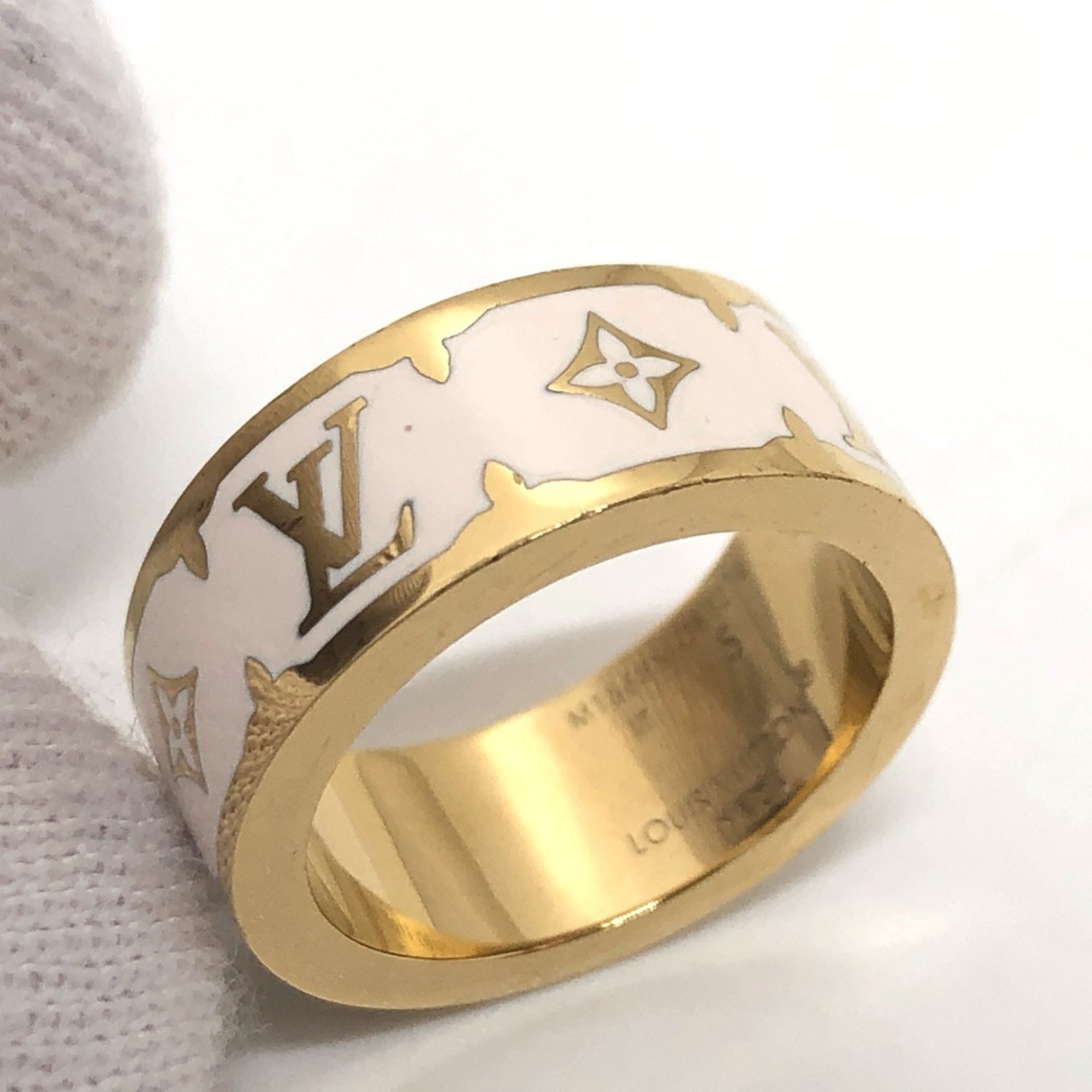 LOUIS VUITTON M1565S Ring Nano Gram Enamel Metal Women's White