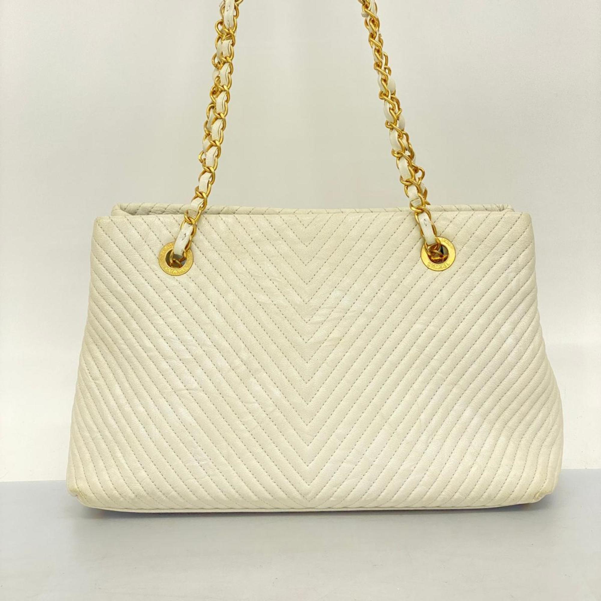 Chanel Shoulder Bag V Stitch Chain Leather White Women's