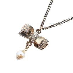 Chanel Necklace Coco Mark Ribbon Motif Fake Pearl Rhinestone GP Plating Champagne Gold 16S Women's