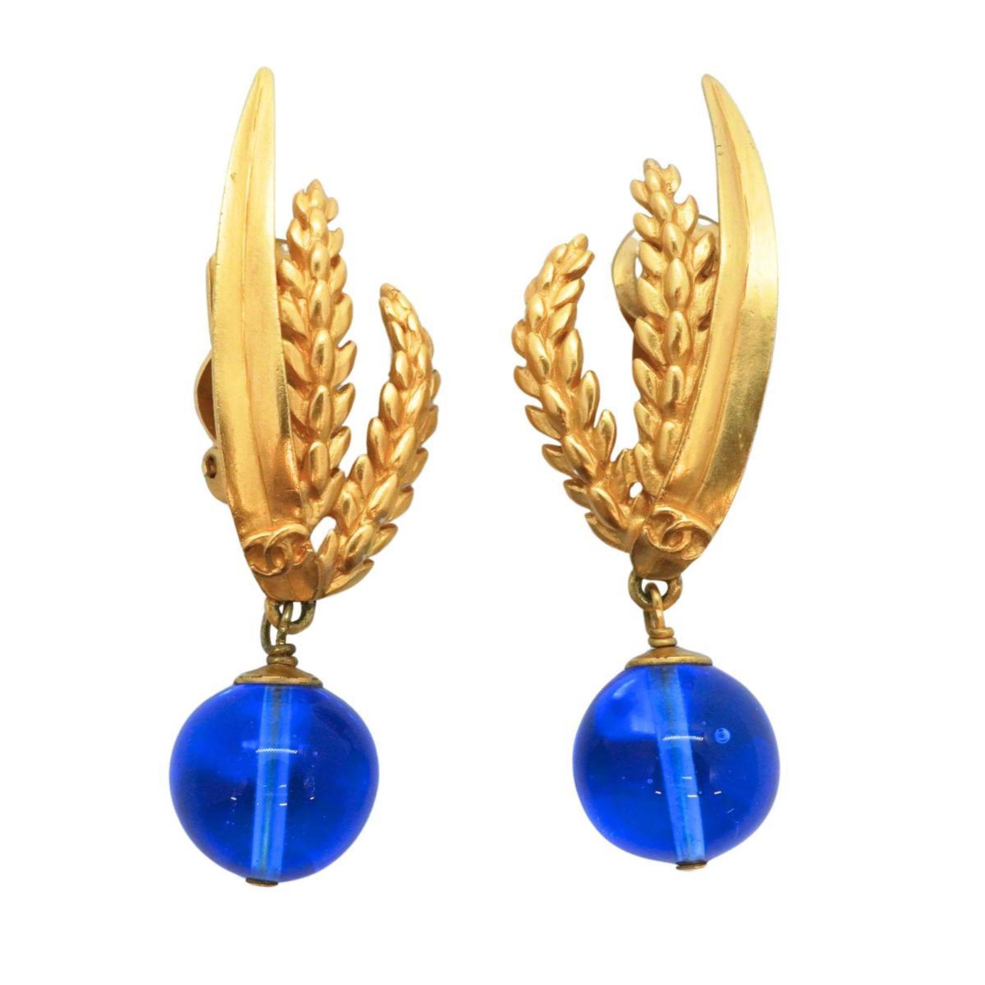 Chanel Earrings Coco Mark Color Stone GP Plated Gold Blue 99P Women's