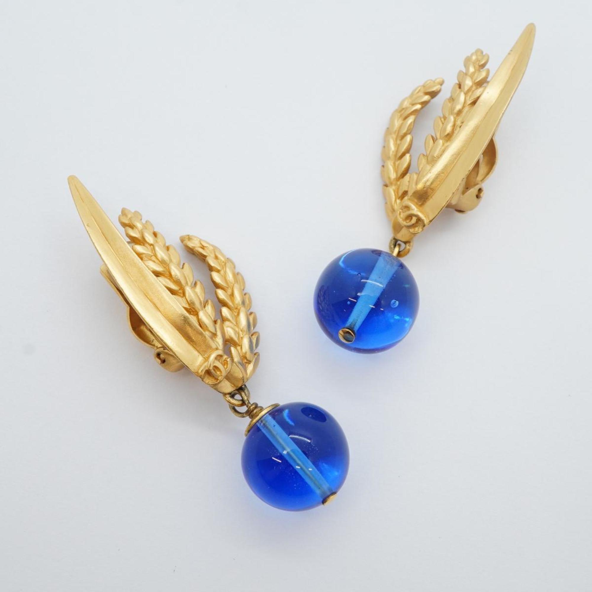 Chanel Earrings Coco Mark Color Stone GP Plated Gold Blue 99P Women's