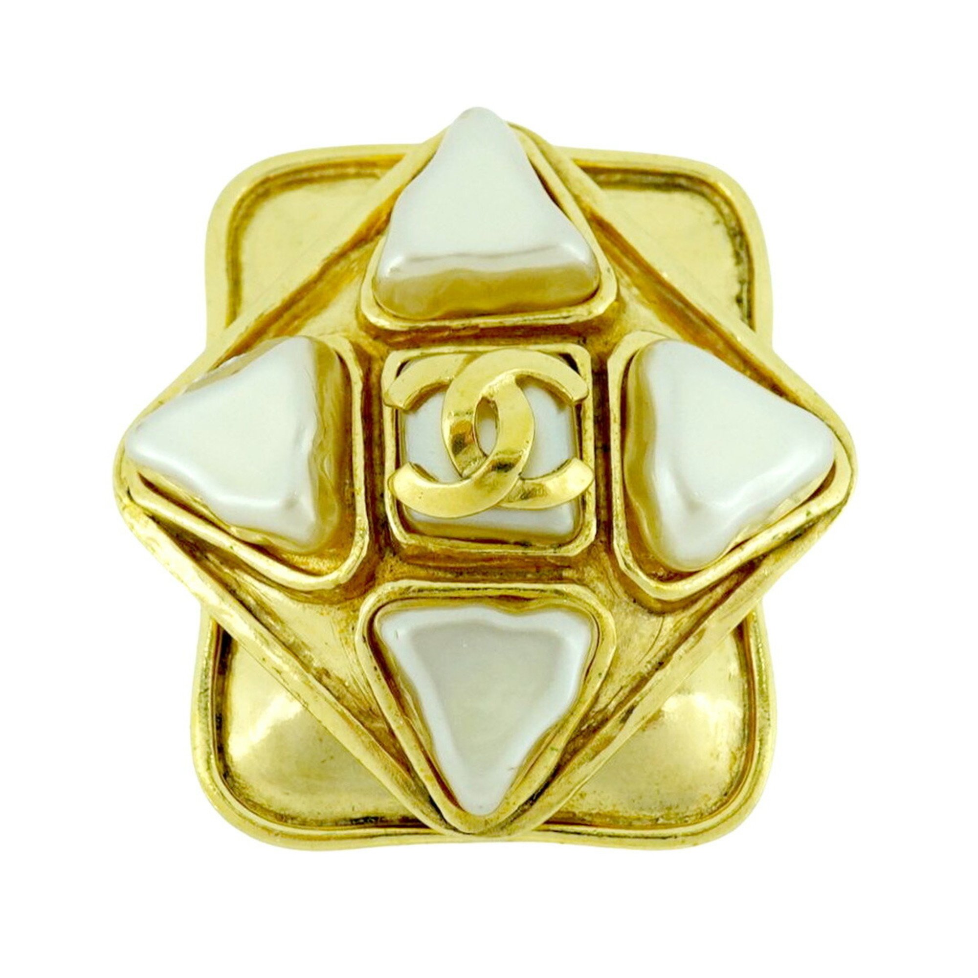 Chanel Brooch Coco Mark Square Diamond Shape Fake Pearl GP Plated Gold 95P Women's