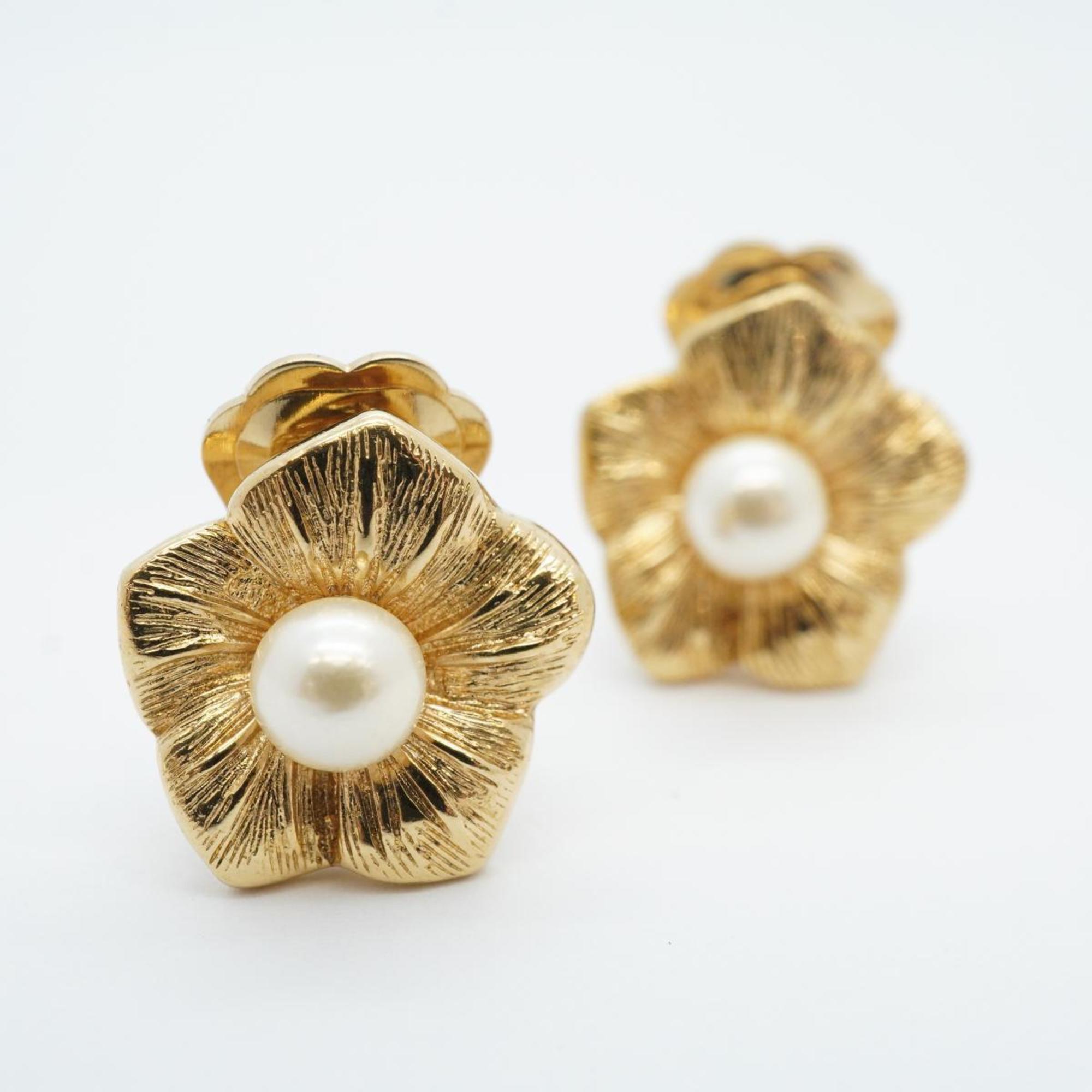 Christian Dior Earrings Flower Motif Faux Pearl GP Plated Gold Women's