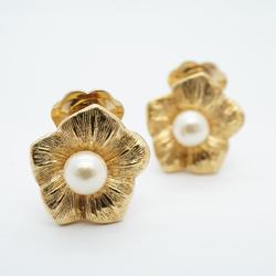 Christian Dior Earrings Flower Motif Faux Pearl GP Plated Gold Women's